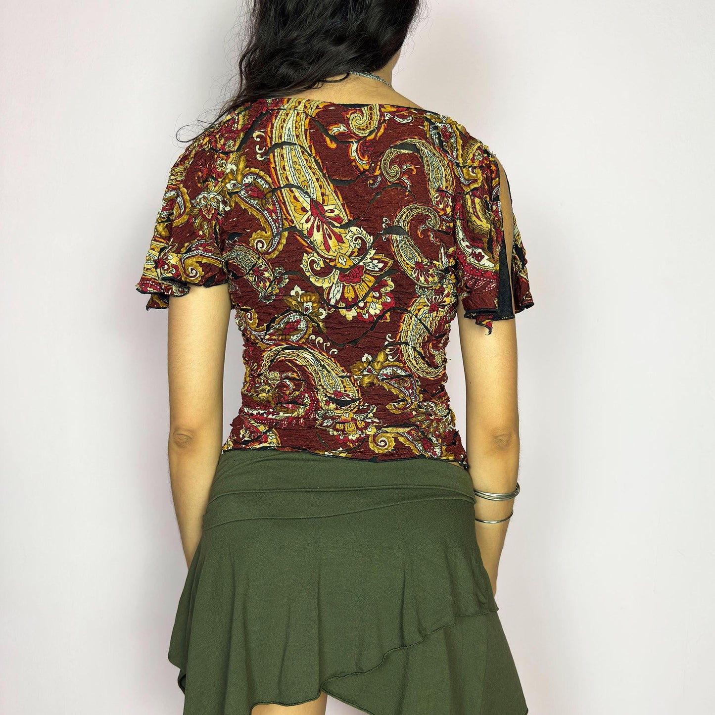 Vintage Y2K Maroon Paisley Crinkle Mesh Split Sleeve Top – Size XS