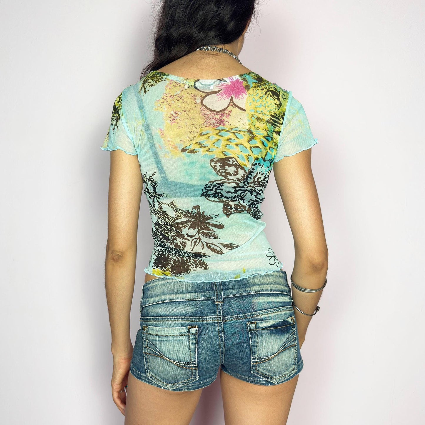 Vintage Y2K Baby Blue Mesh Sheer Top – Size M