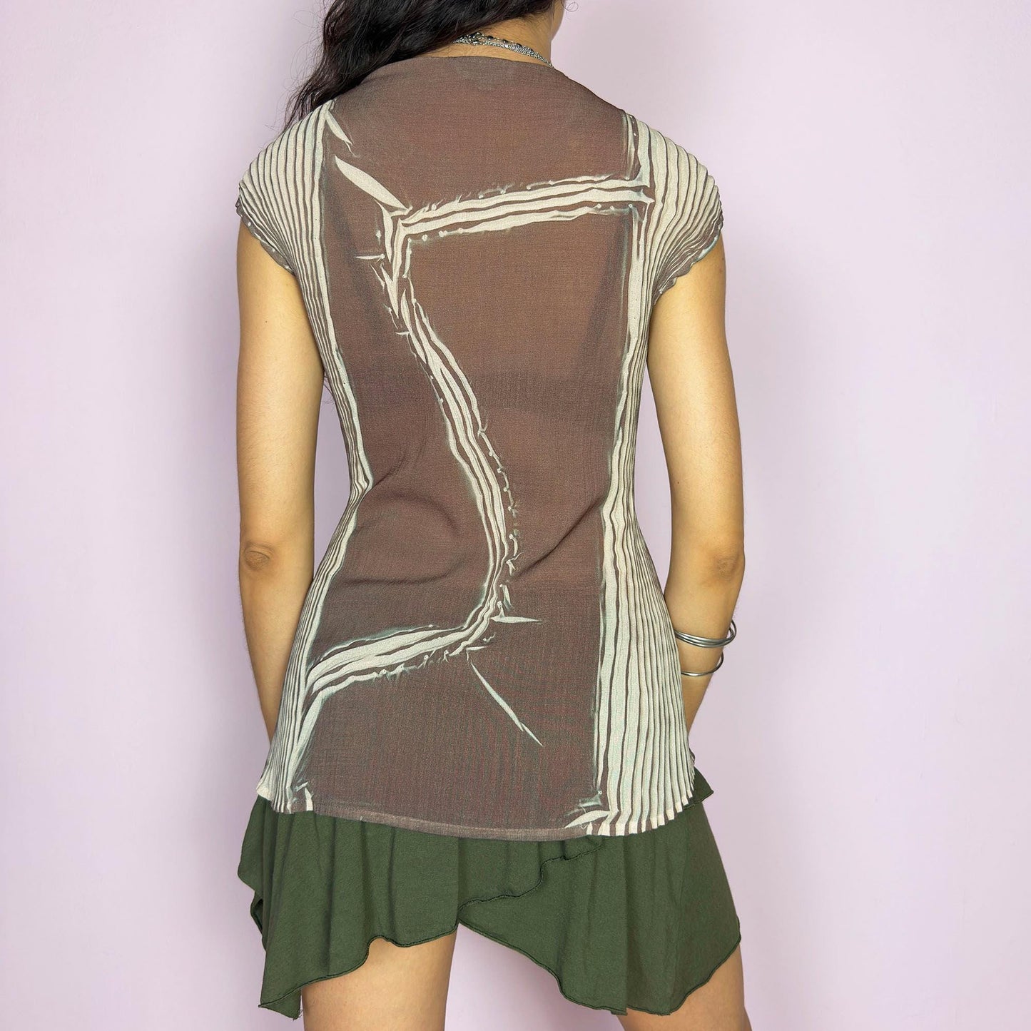 Vintage 90s Beige Pleated Abstract Vine Lace Crinkled Top – Size XL