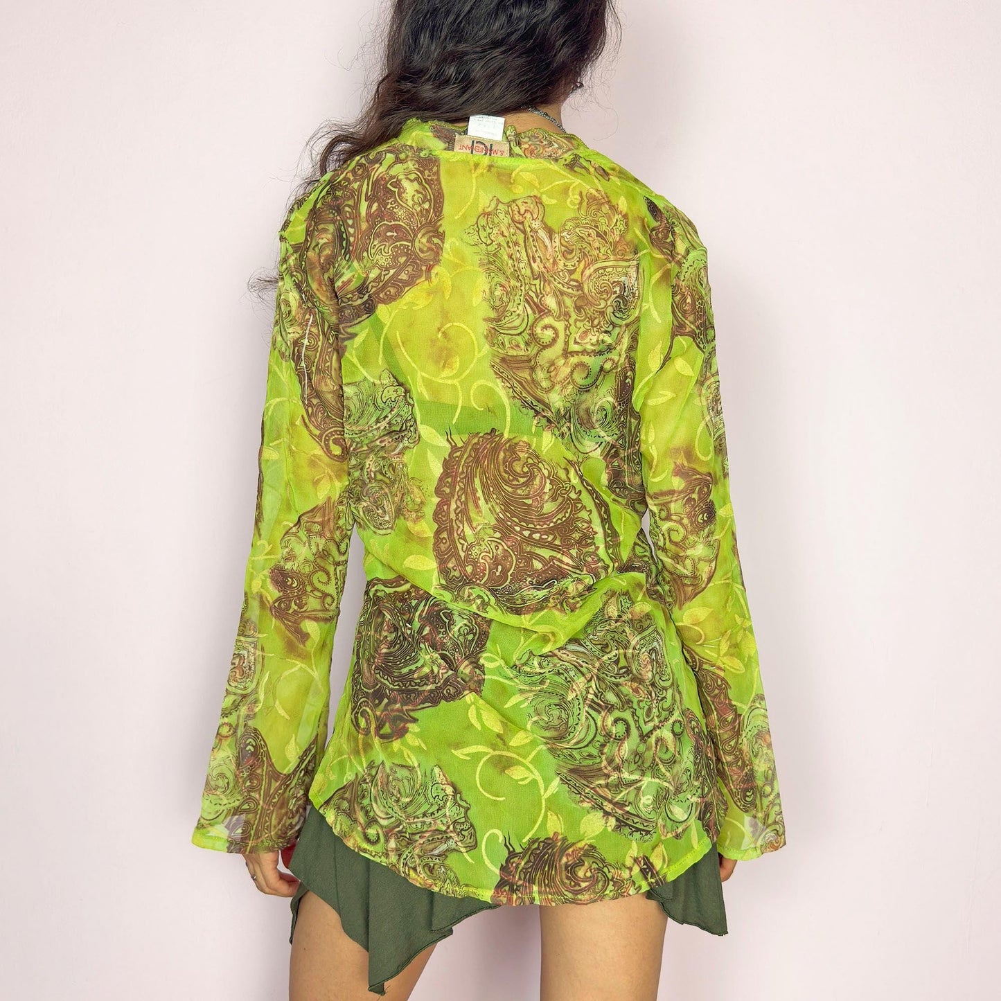 Vintage Y2K Green Paisley Sheer Flared Sleeve Blouse – Size L