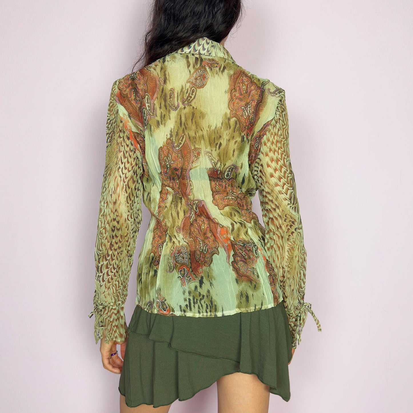 Vintage Y2K Green Pleated Sheer Blouse – Size M