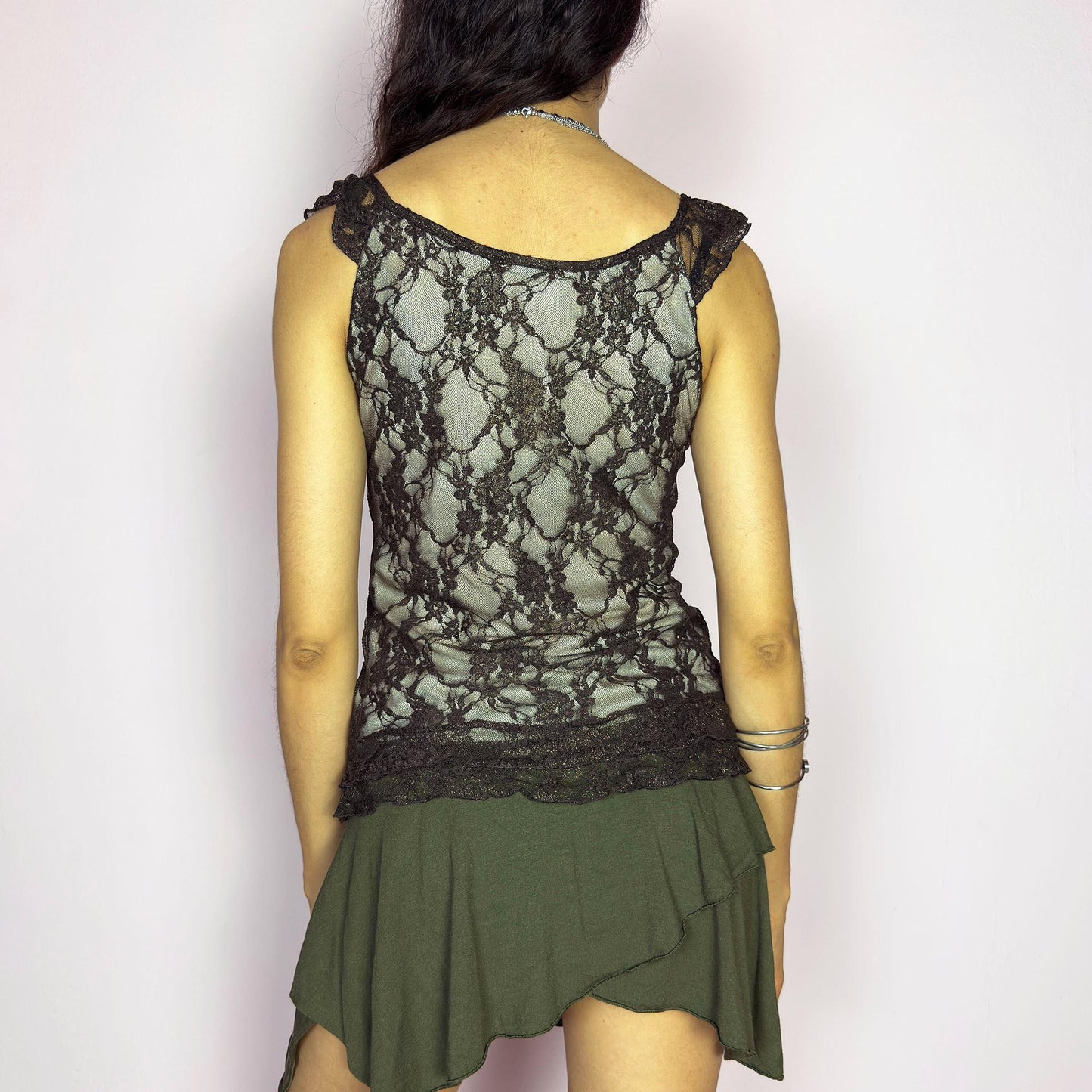 Vintage Y2K Brown Lace Mesh Cami Top – Size M