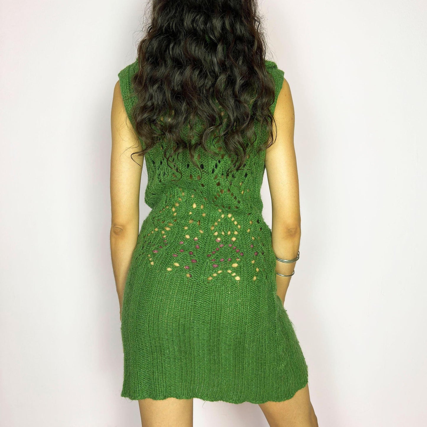 Vintage Y2K Green Open Knit Cowl Sheer Mini Dress – Size M