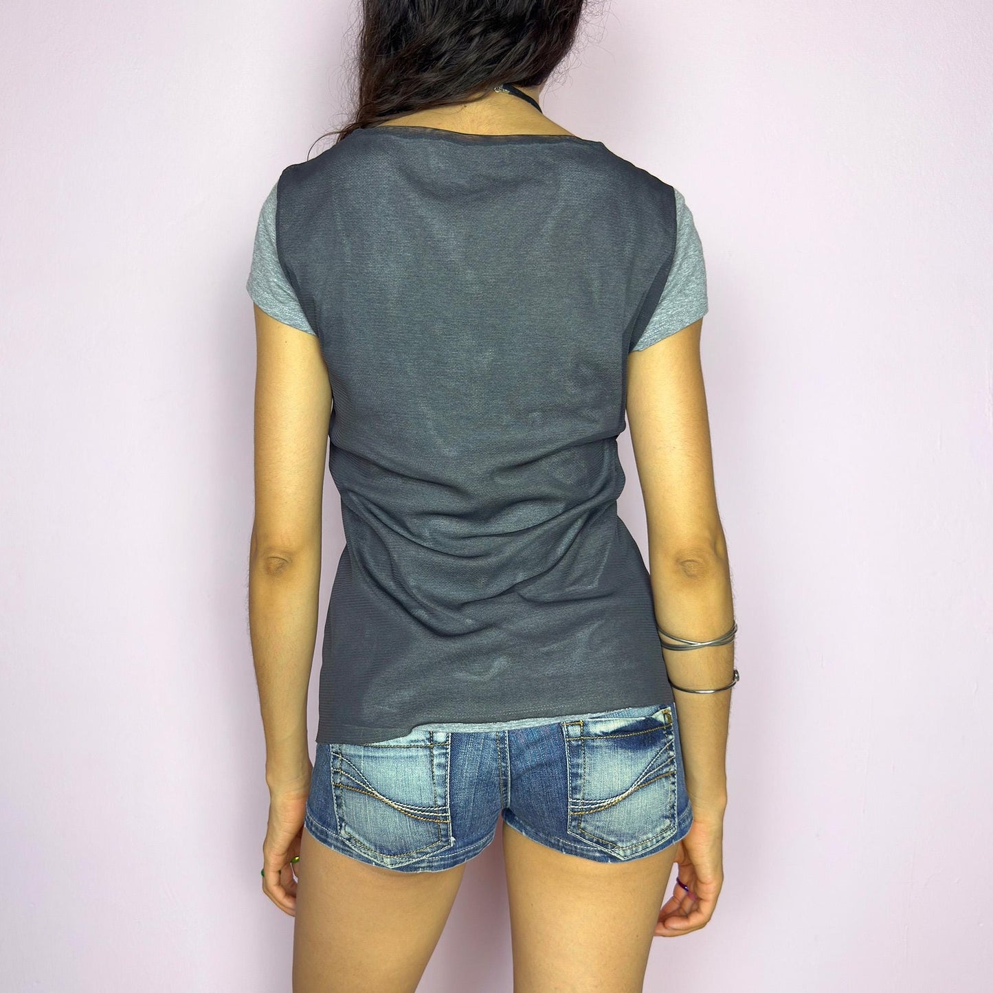 Vintage Y2K Gray Sheer City Skyline Print Mesh Top – Size M