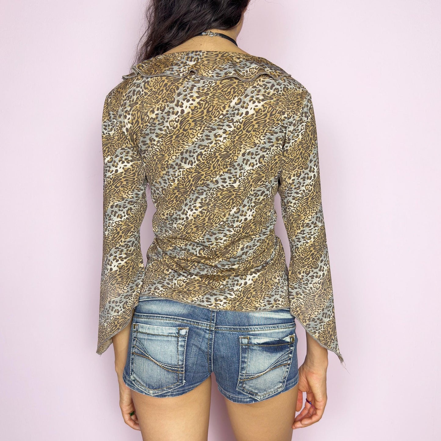 Vintage Y2K Leopard Print Ruffle Top – Size M