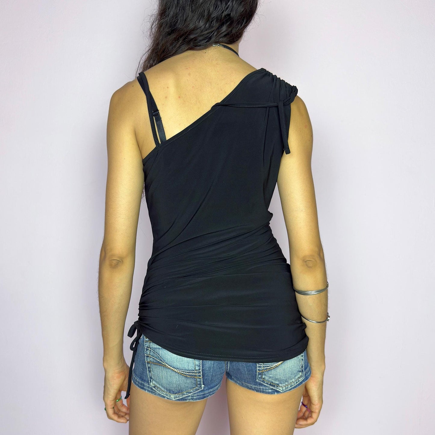 Vintage Y2K Black Ruched Asymmetrical Top – Size S