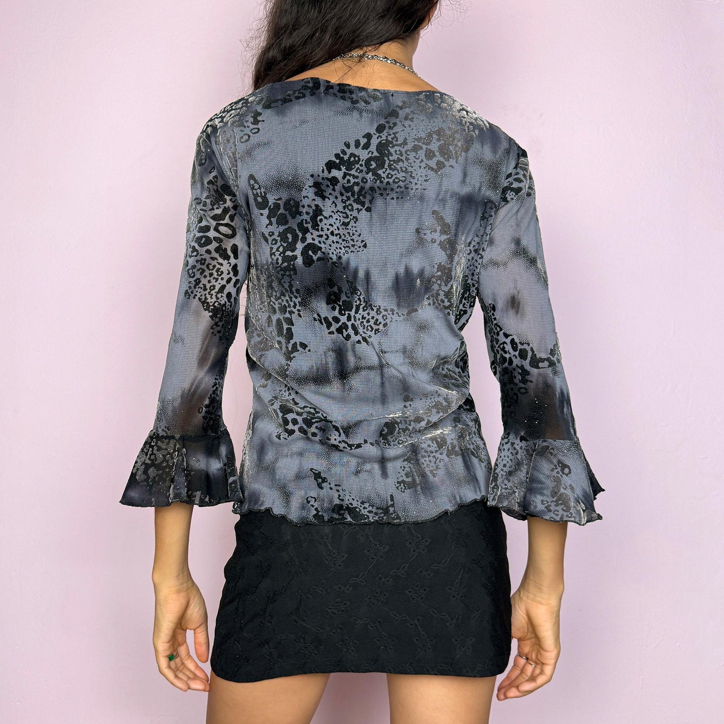 Vintage Y2K Gray Tie Dye Burnout Velvet Mesh Bell Sleeve Top – Size L