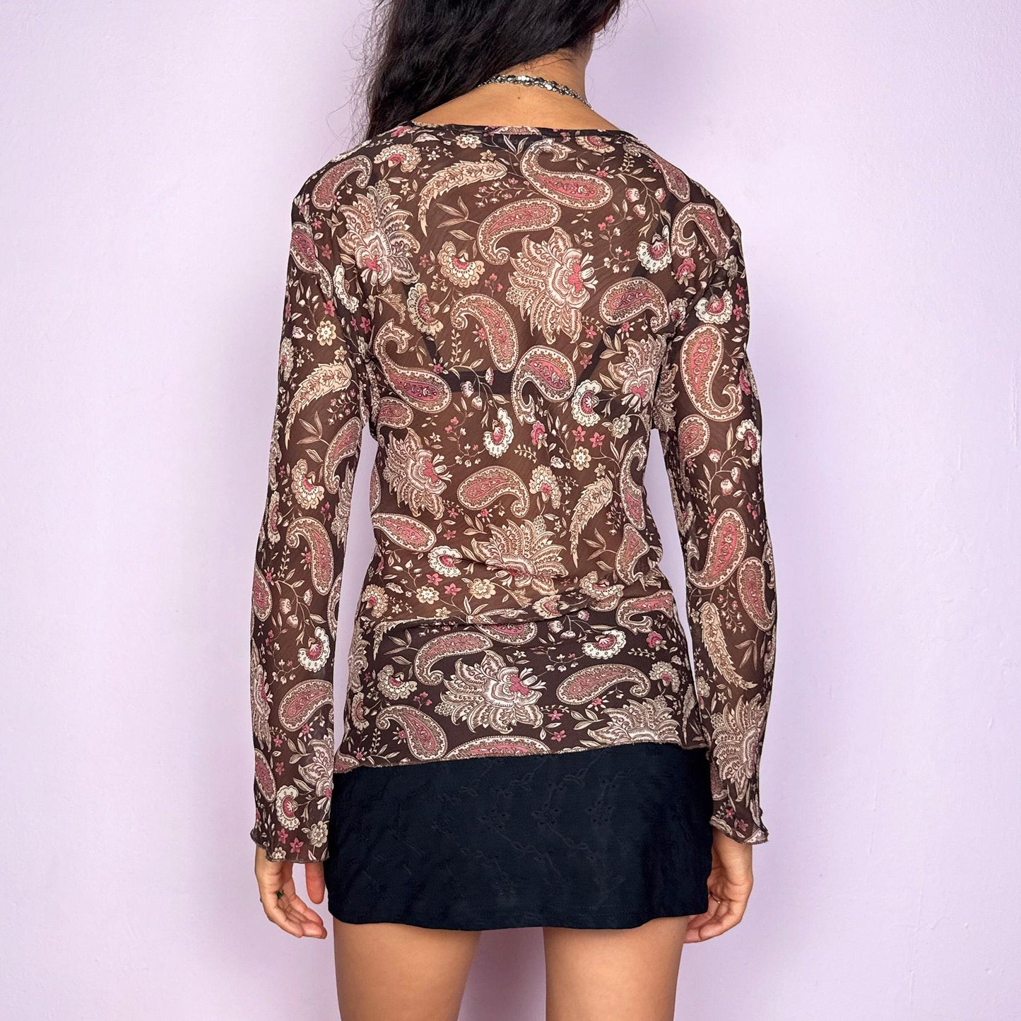 Vintage Y2K Paisley Brown Sheer Wrap Bell Sleeve Top – Size XL
