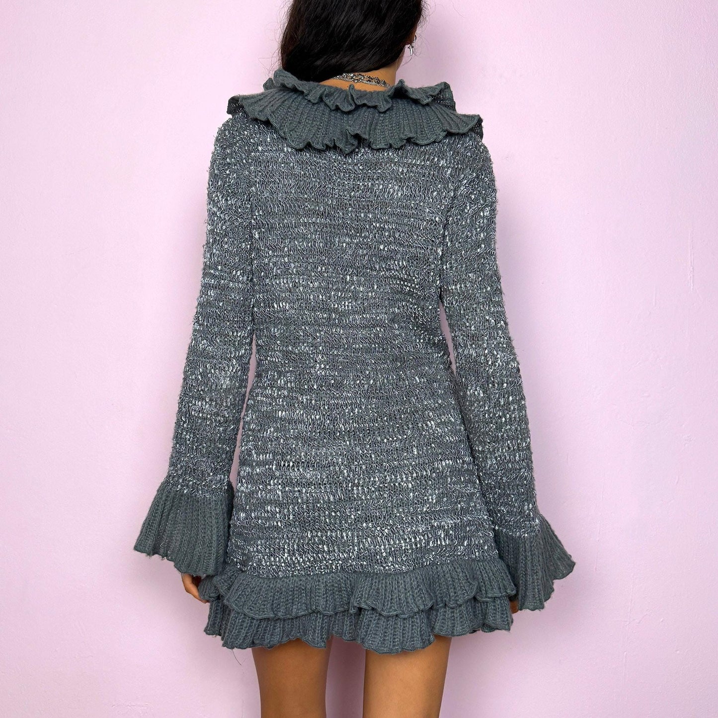 Vintage Y2K Gray Knit Bell Sleeve Mohair Ruffle Cardigan – Size M