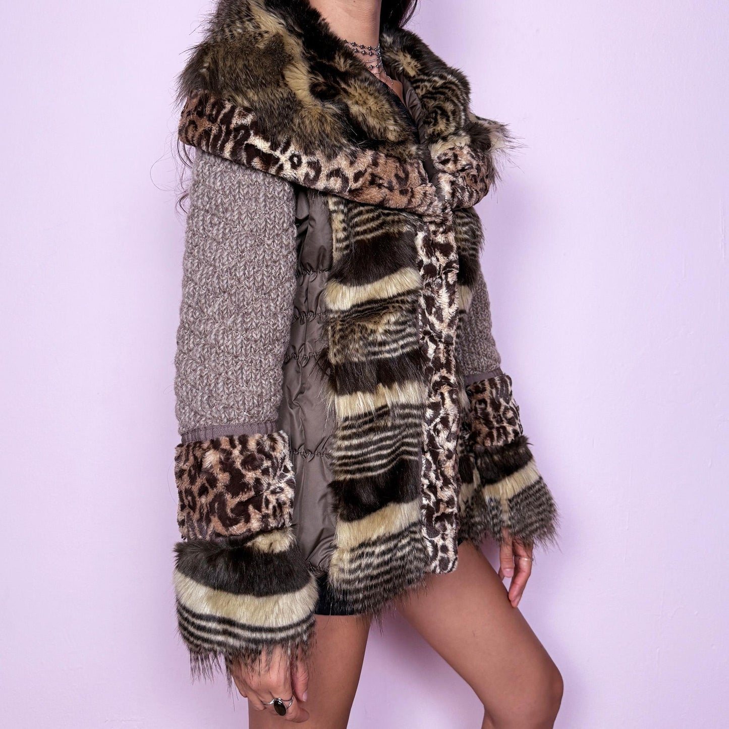 Vintage Y2K Mixed Animal Print Puffer Faux Fur Jacket – Size M