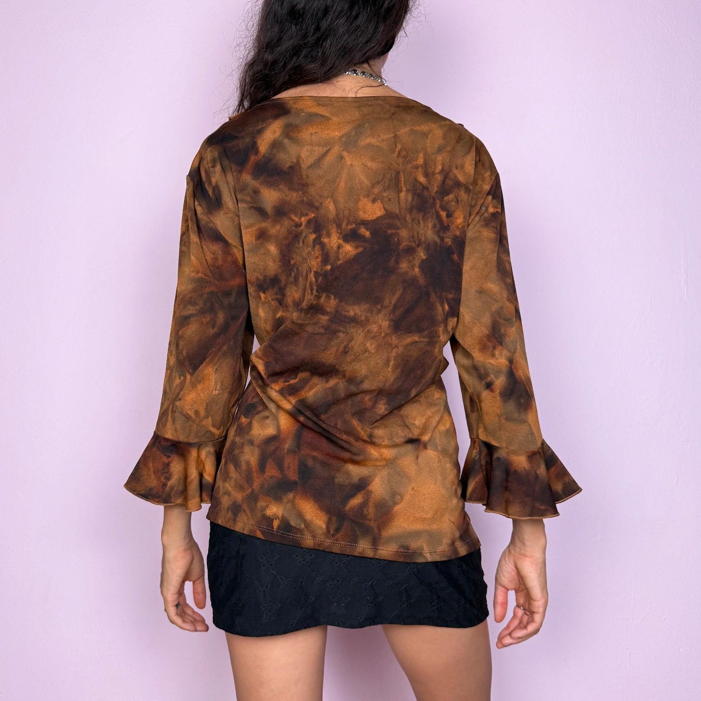 Vintage Y2K Brown Tie Dye Bell Sleeve Ruffle Top – Size XXL