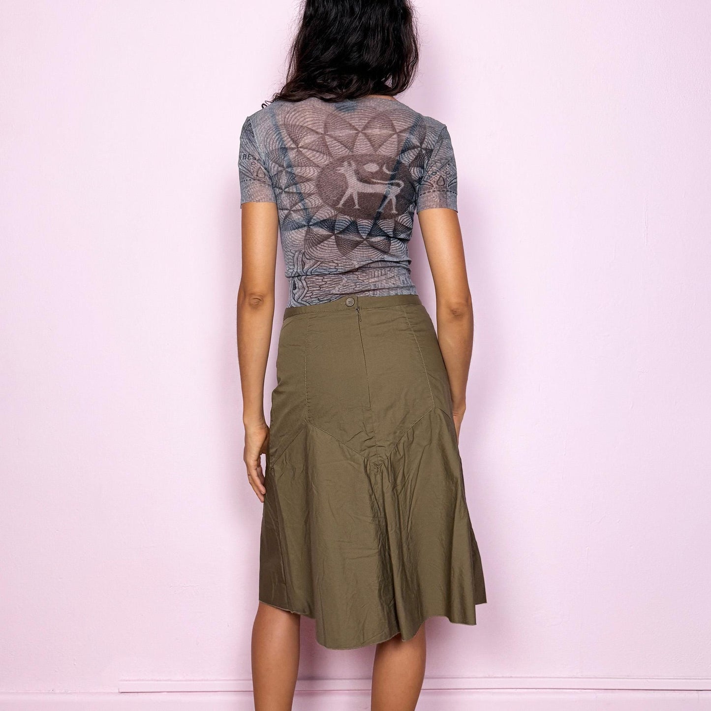 Vintage Y2K Khaki Floral Embroidered Flared Midi Skirt – Size XS