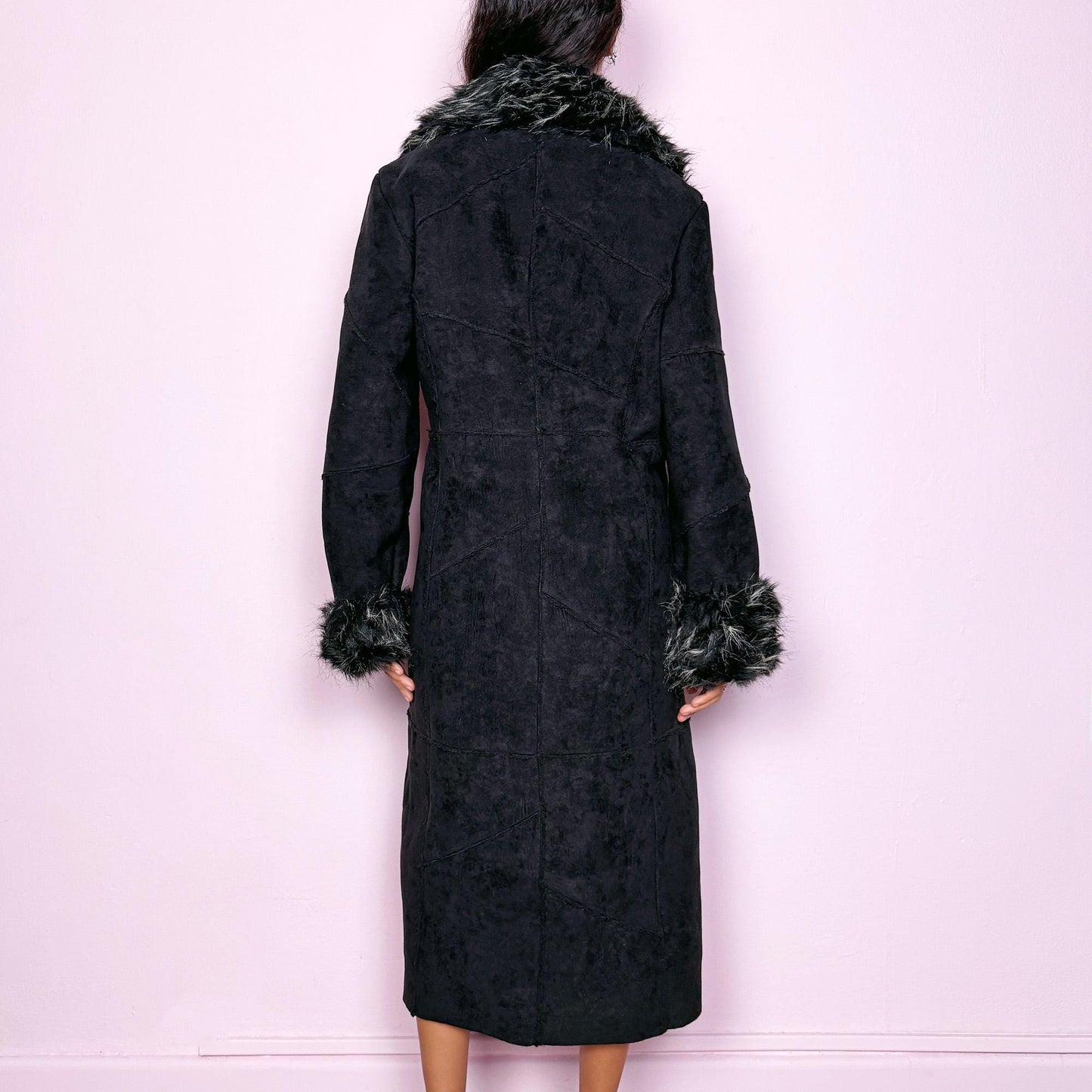Vintage Y2K Black Faux Suede Fur Maxi Penny Lane Coat – Size L