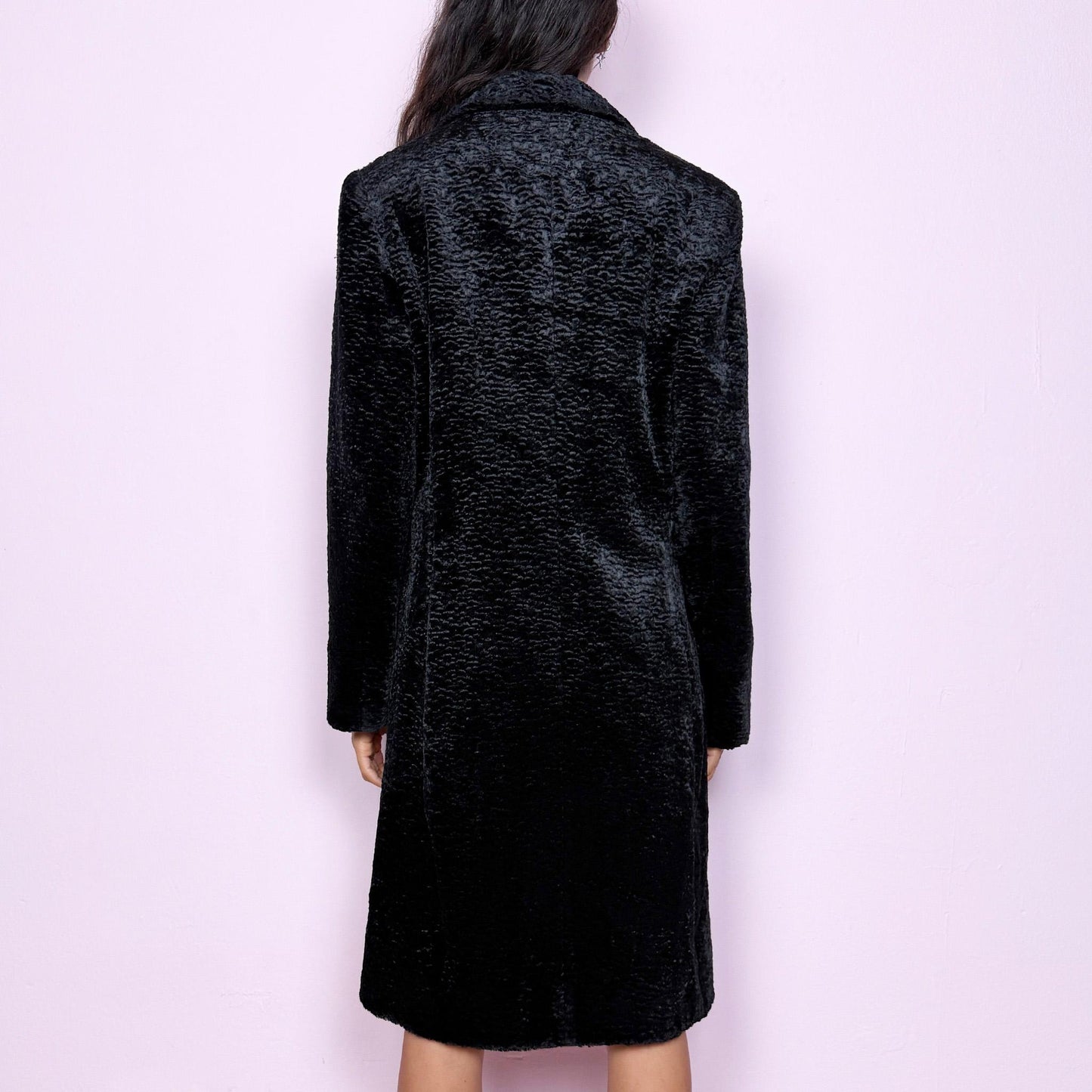Vintage Y2K Black Coat, Faux Fur Structured Long 2000s – Size S
