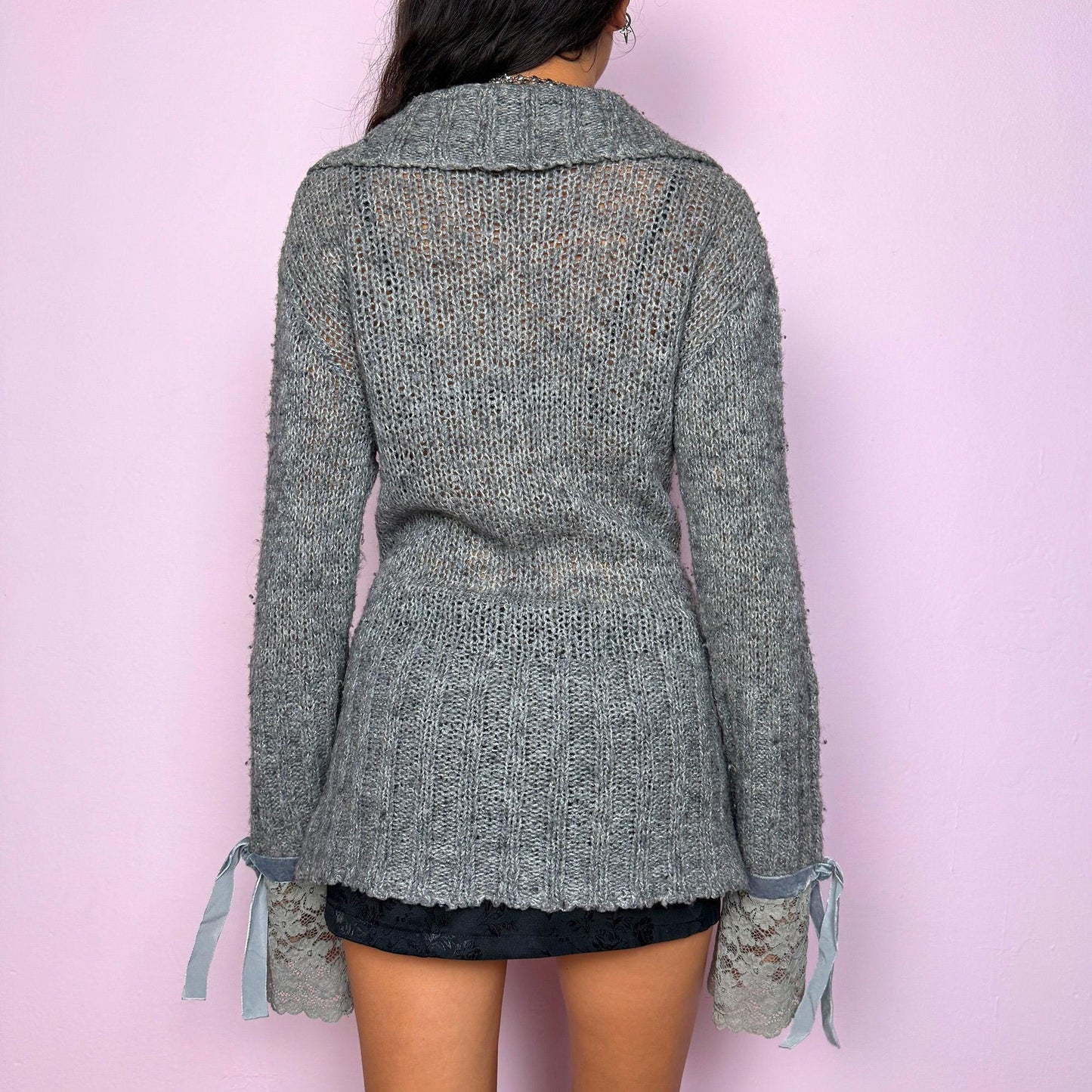 Vintage Y2K Gray Lace Knit Wrap Tie Cardigan – Size M