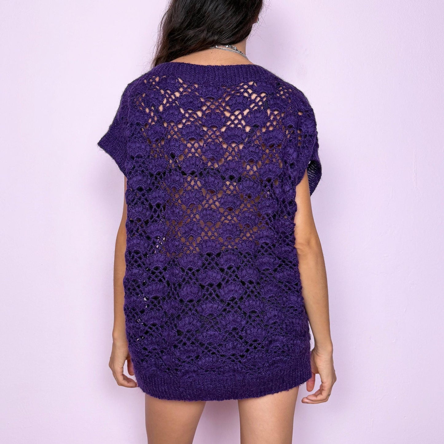 Vintage Y2K Purple Sweater Vest, Open Knit Crochet 2000s – Size XL