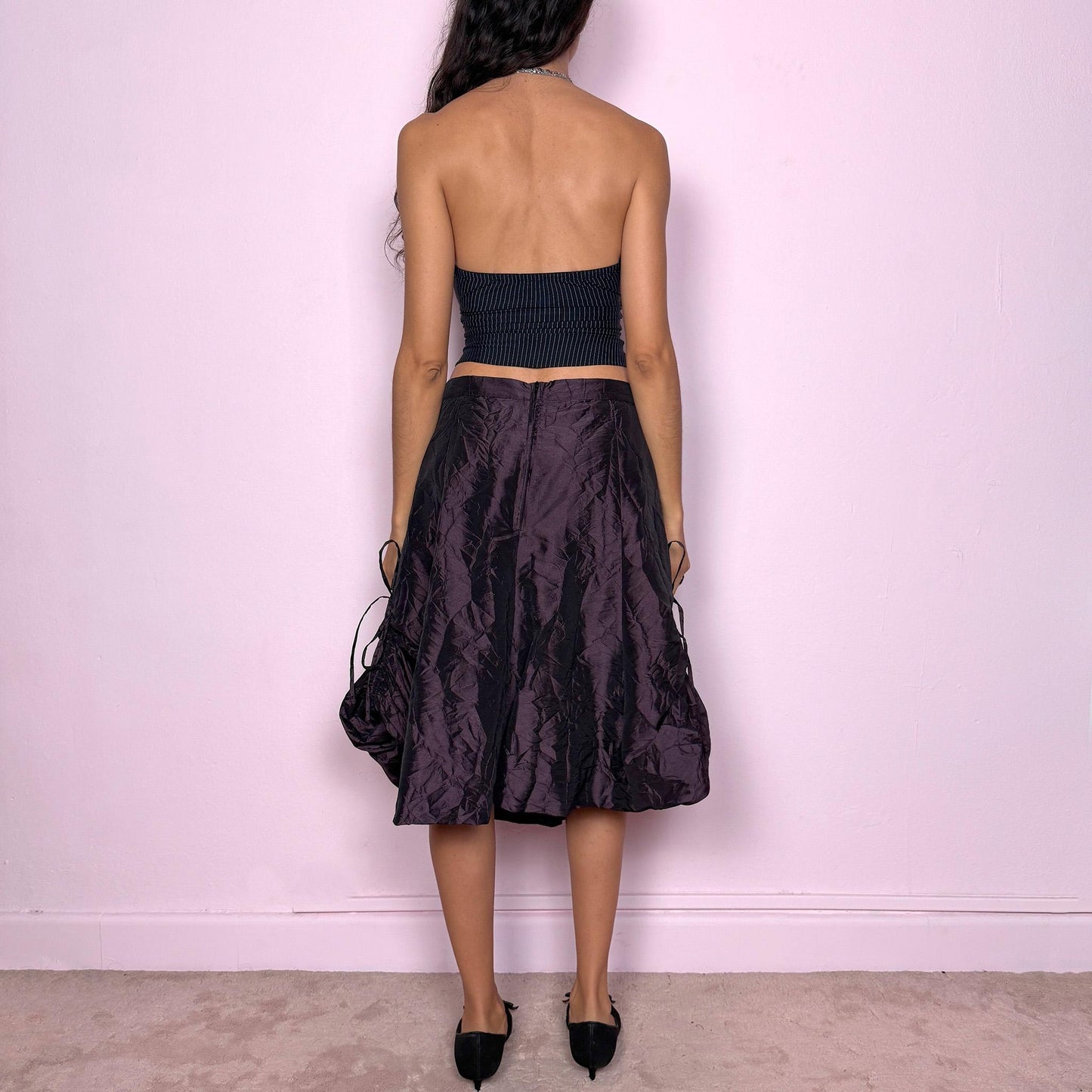 Vintage Dark Purple Skirt, Balloon Hem Ruched Tie Side 90s – Size L