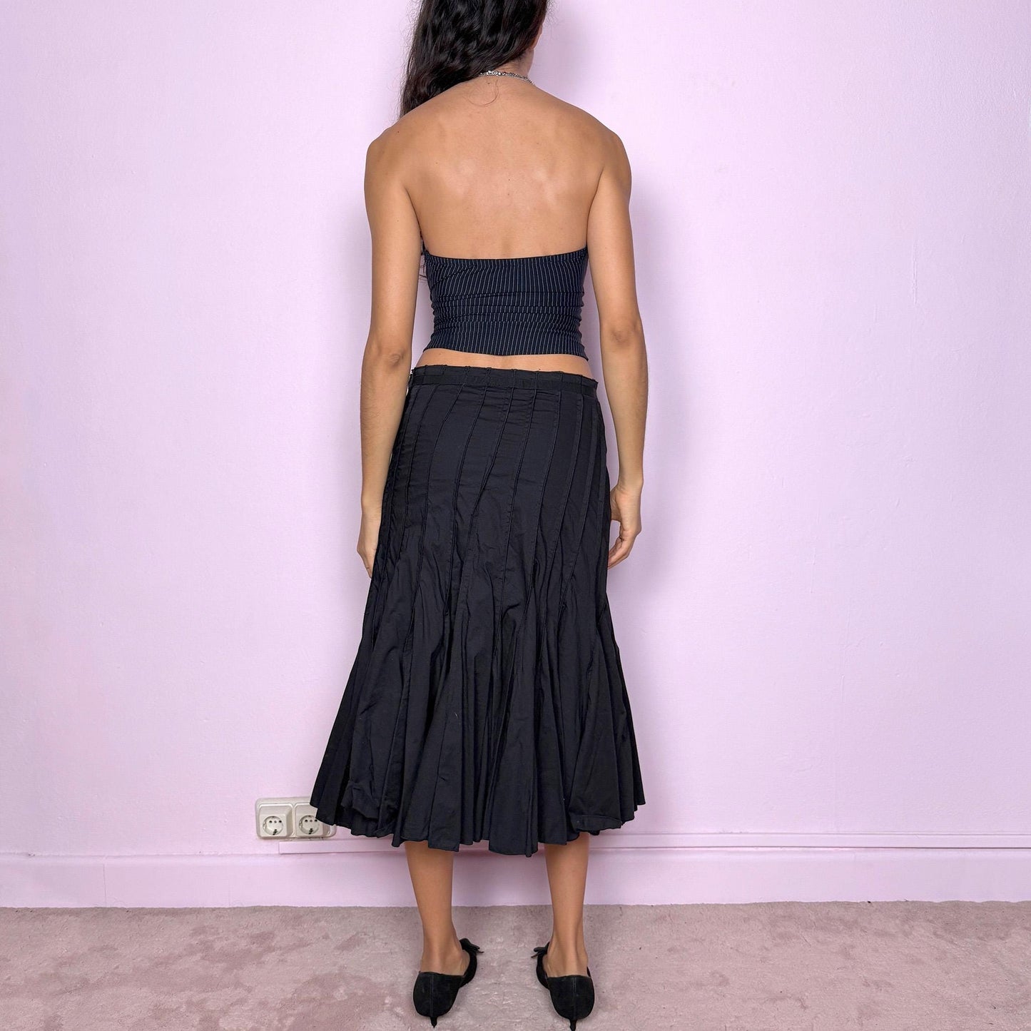 Vintage Y2K Black Paneled Skirt, Flared Midi 2000s – Size S