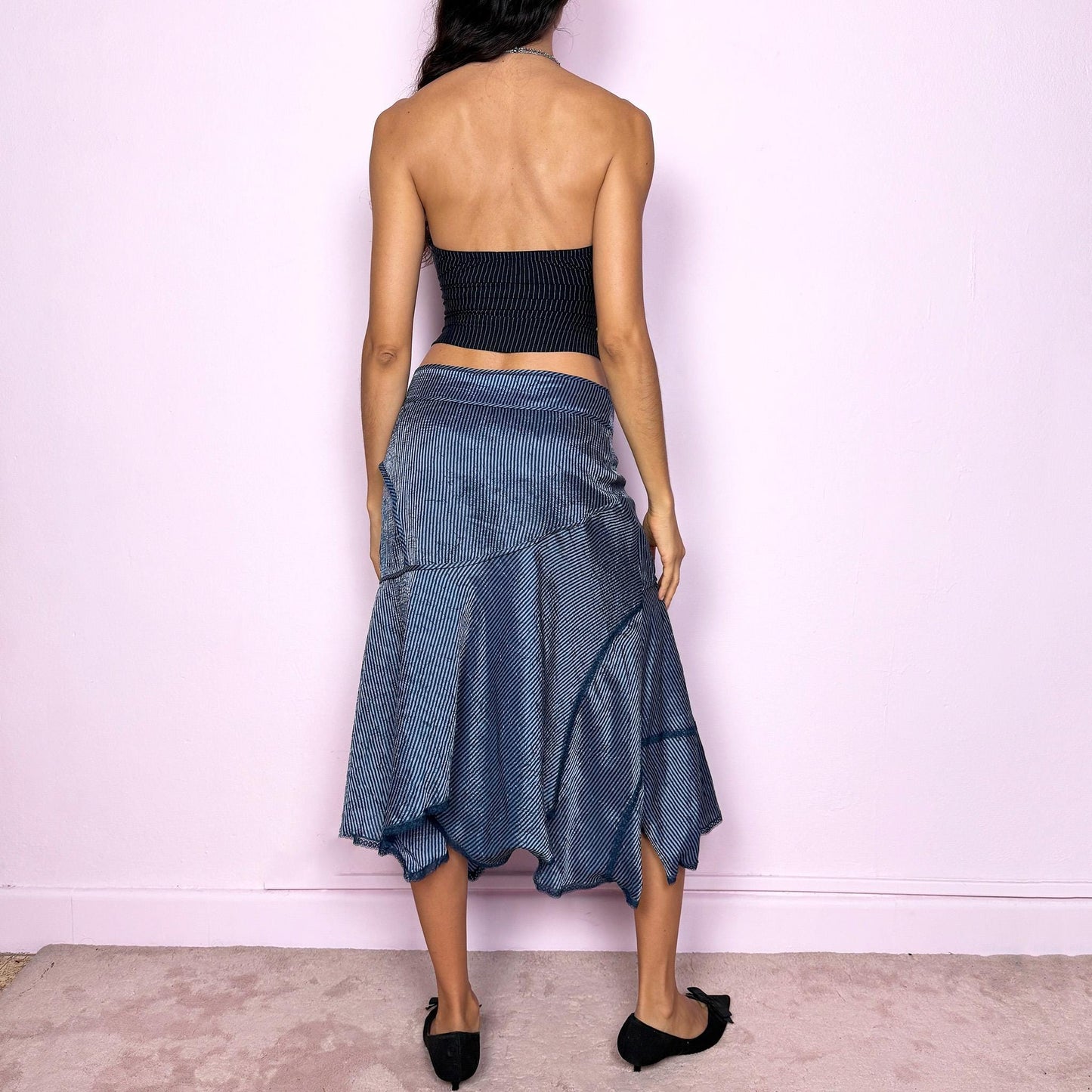 Vintage Y2K Blue Striped Skirt, Asymmetric Patchwork Midi 2000s – Size S
