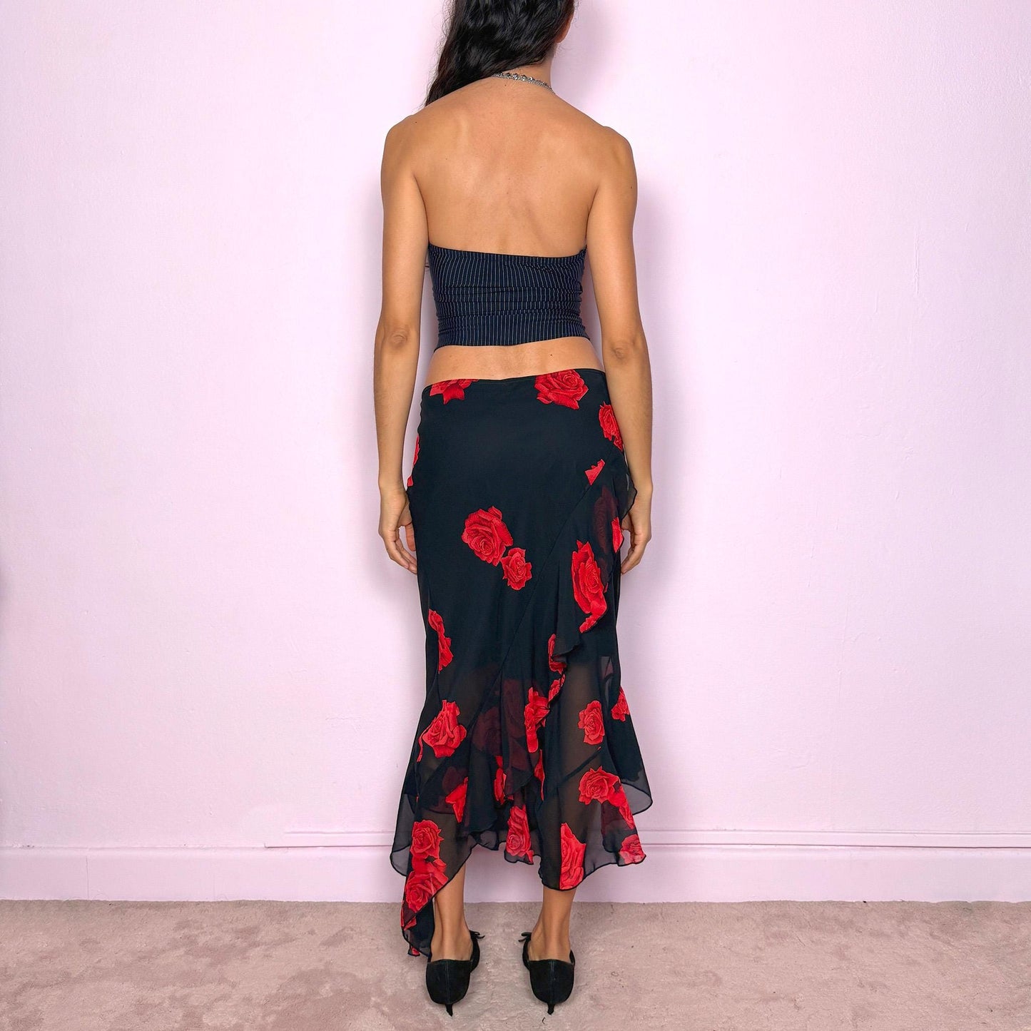 Vintage Black Rose Skirt, Ruffle Midi 90s 2000s – Size M
