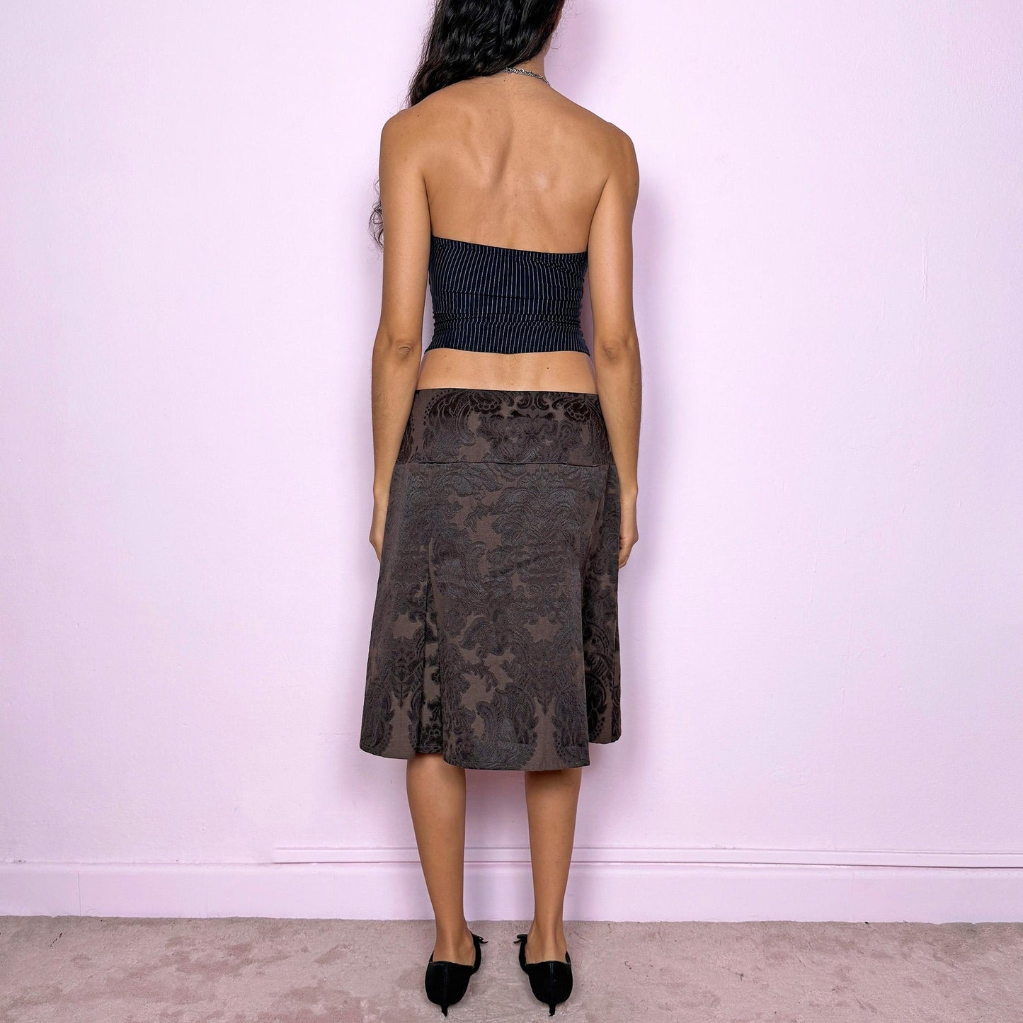 Vintage Y2K Brown Brocade Skirt, Jacquard Pleated Midi 2000s – Size M