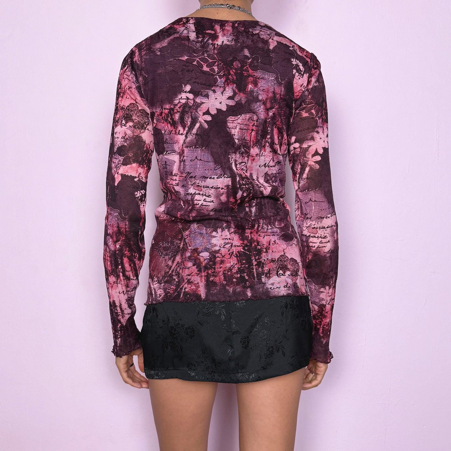 Vintage Y2K Purple Pink Top, Mesh Sheer Abstract Graphic 2000s – Size M