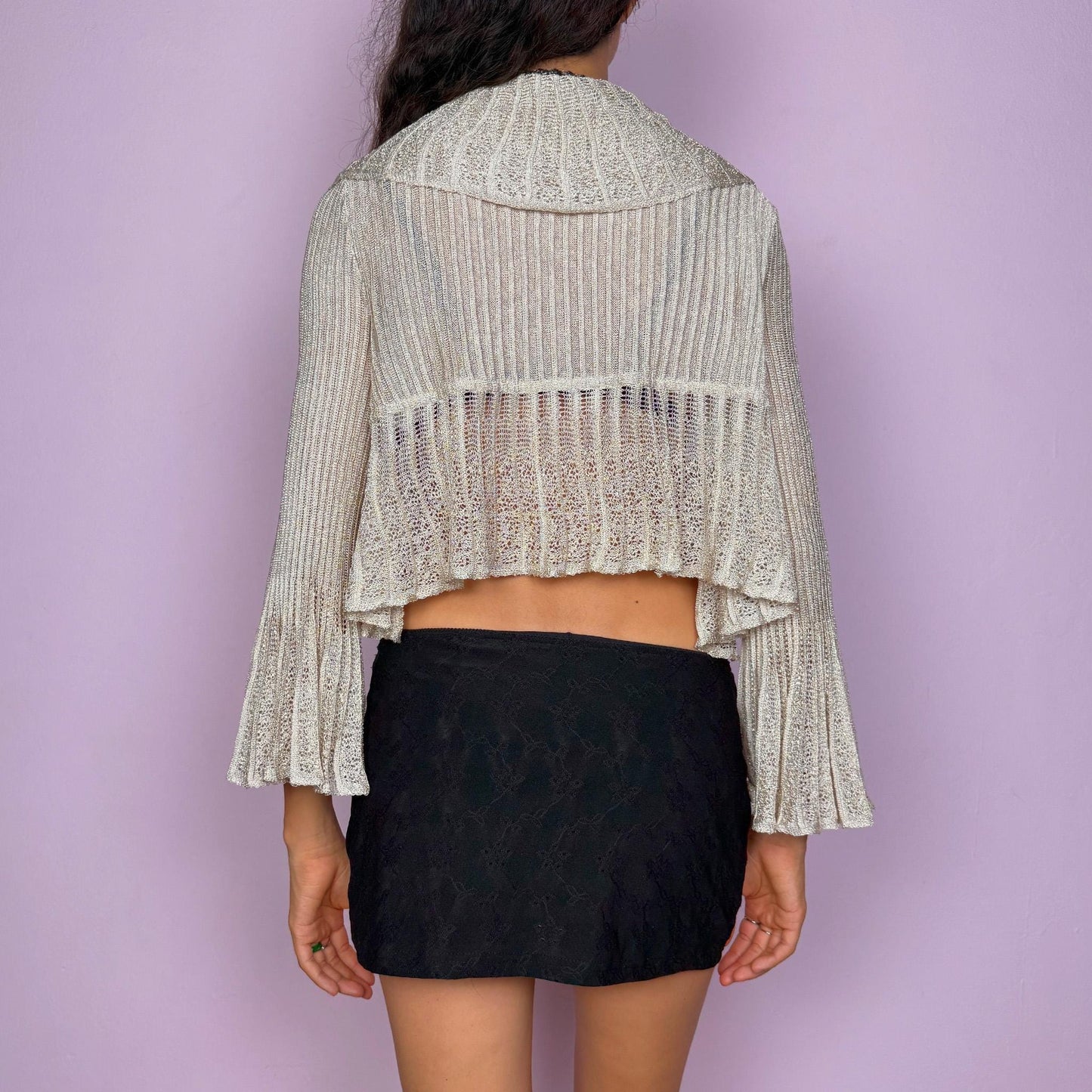 Vintage Y2K Beige Bolero, Sheer Knit Ruffle Metallic Bell Sleeve 2000s – Size M