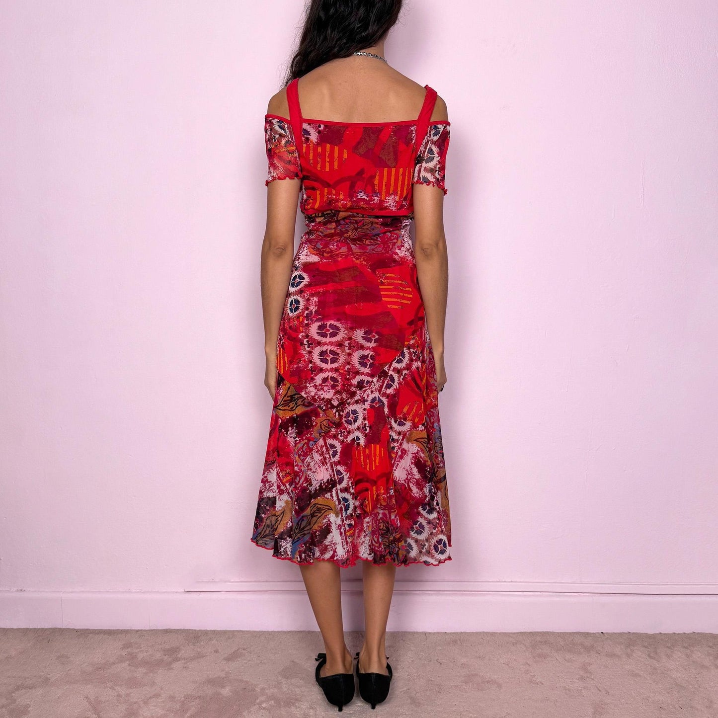 Vintage Y2K Red Dress, Abstract Mesh Midi 2000s – Size L