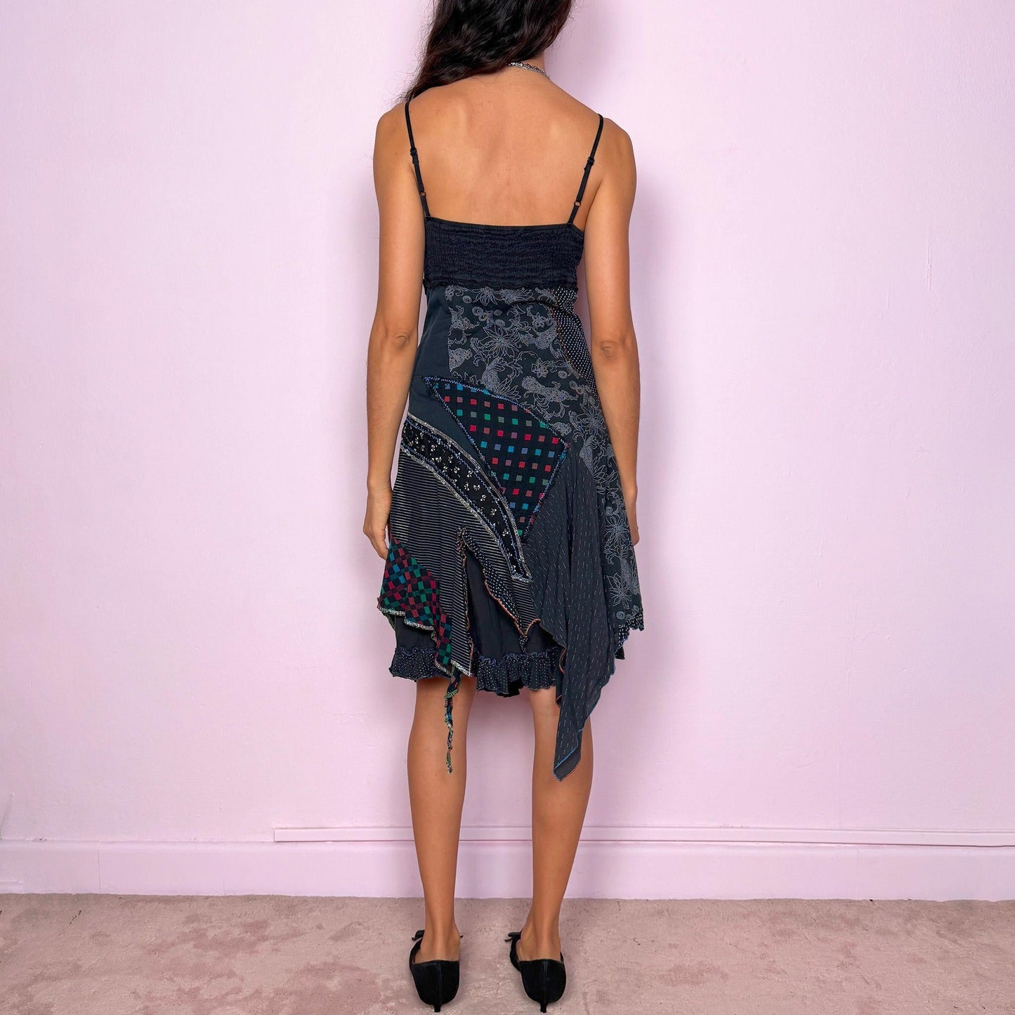 Vintage Y2K Patchwork Dress, Dark Gray Black Midi 2000s – Size M