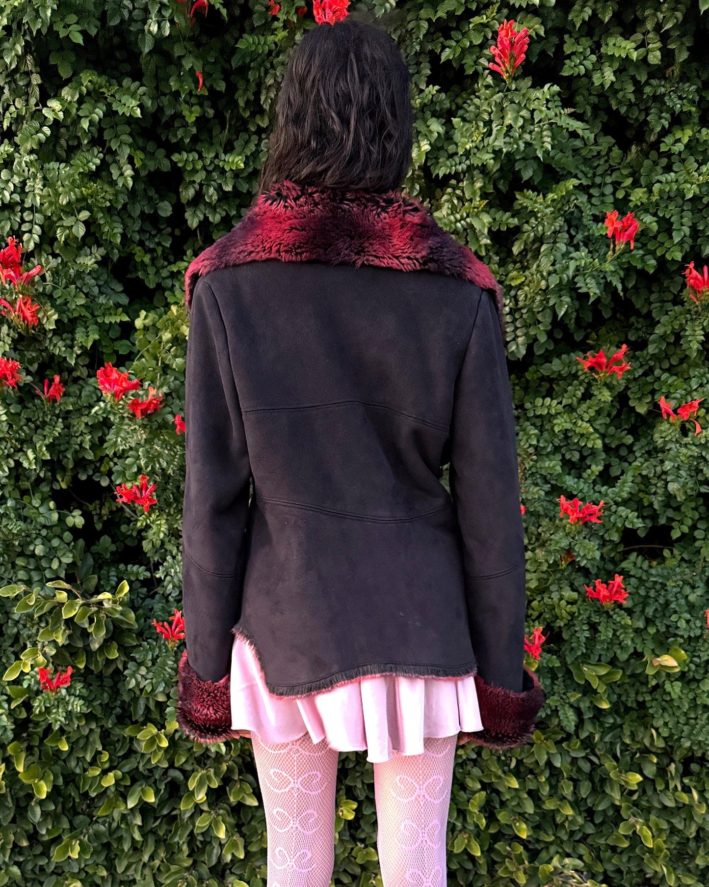 Vintage Y2K Penny Lane Jacket, Black Red Faux Fur Suede 2000s – Size L