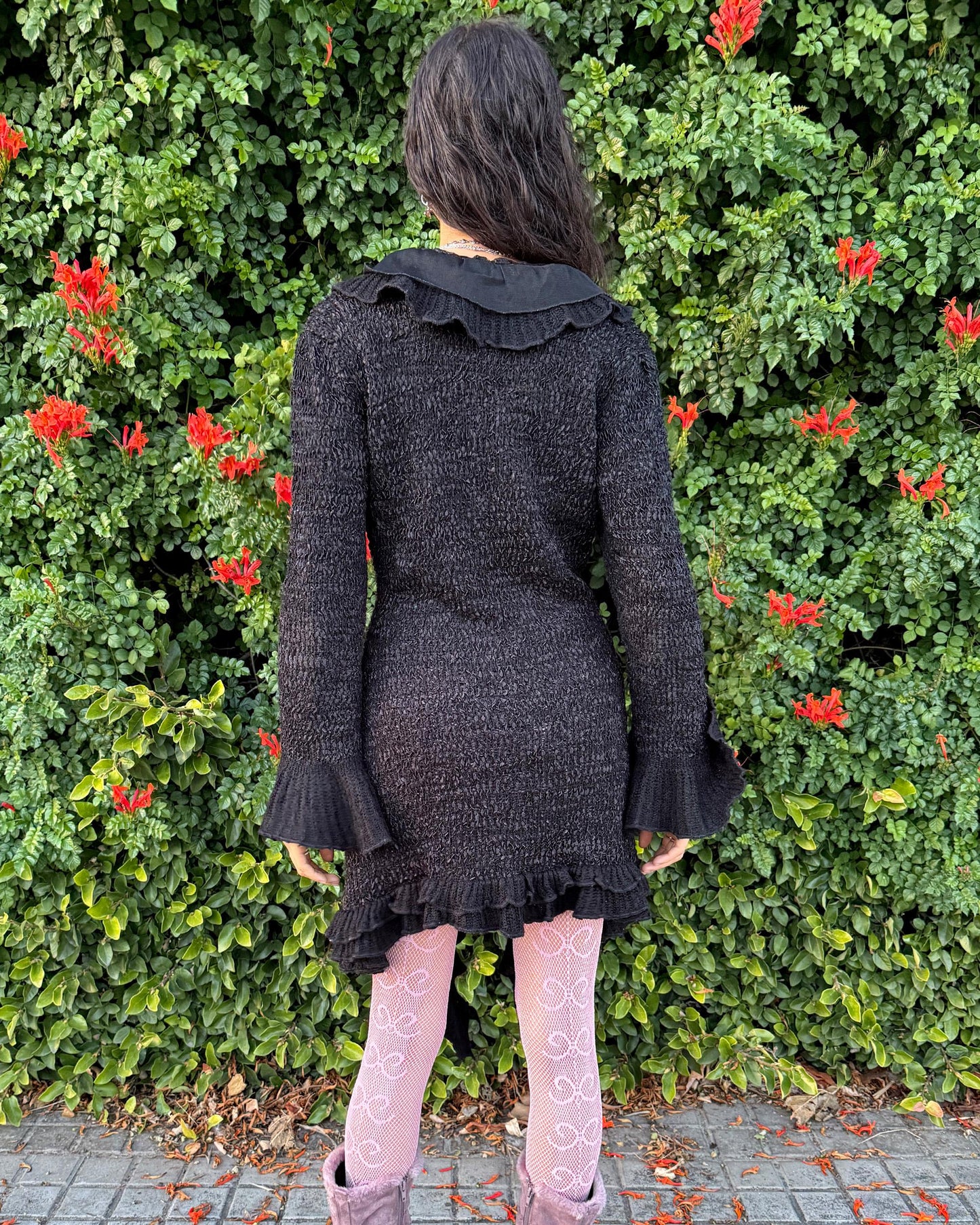 Vintage Y2K Black Cardigan, Ruffle Longline Knit Wool 2000s – Size M