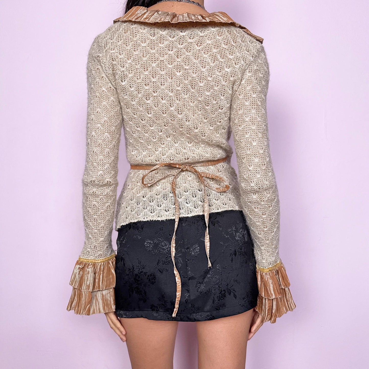 Vintage Y2K Beige Cardigan, Open Knit Wrap Ruffle Mohair 2000s – Size S