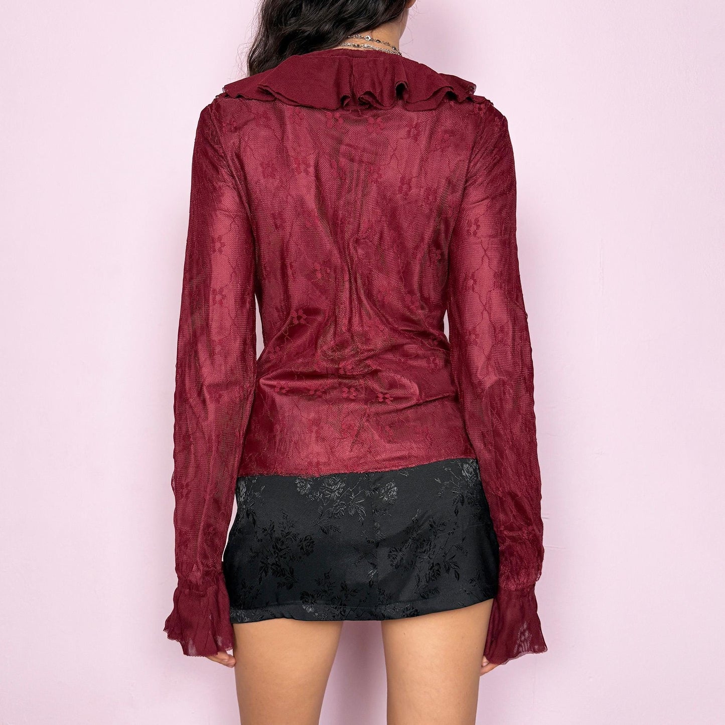 Vintage Y2K Lace Top, Maroon Burgundy Bell Sleeve Ruffle 2000s – Size M