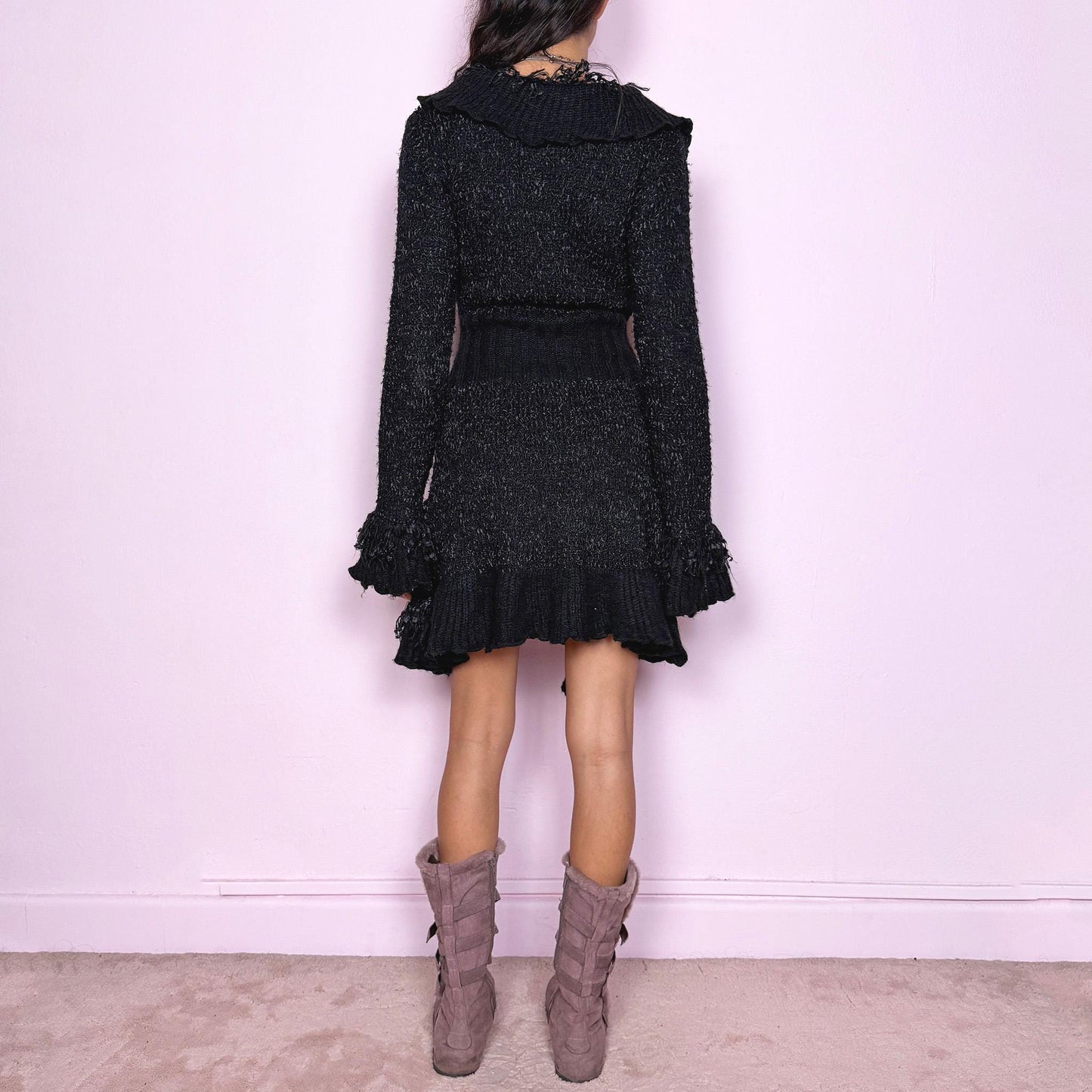 Vintage Y2K Black Cardigan, Longline Ruffle Bell Sleeve 2000s – Size M