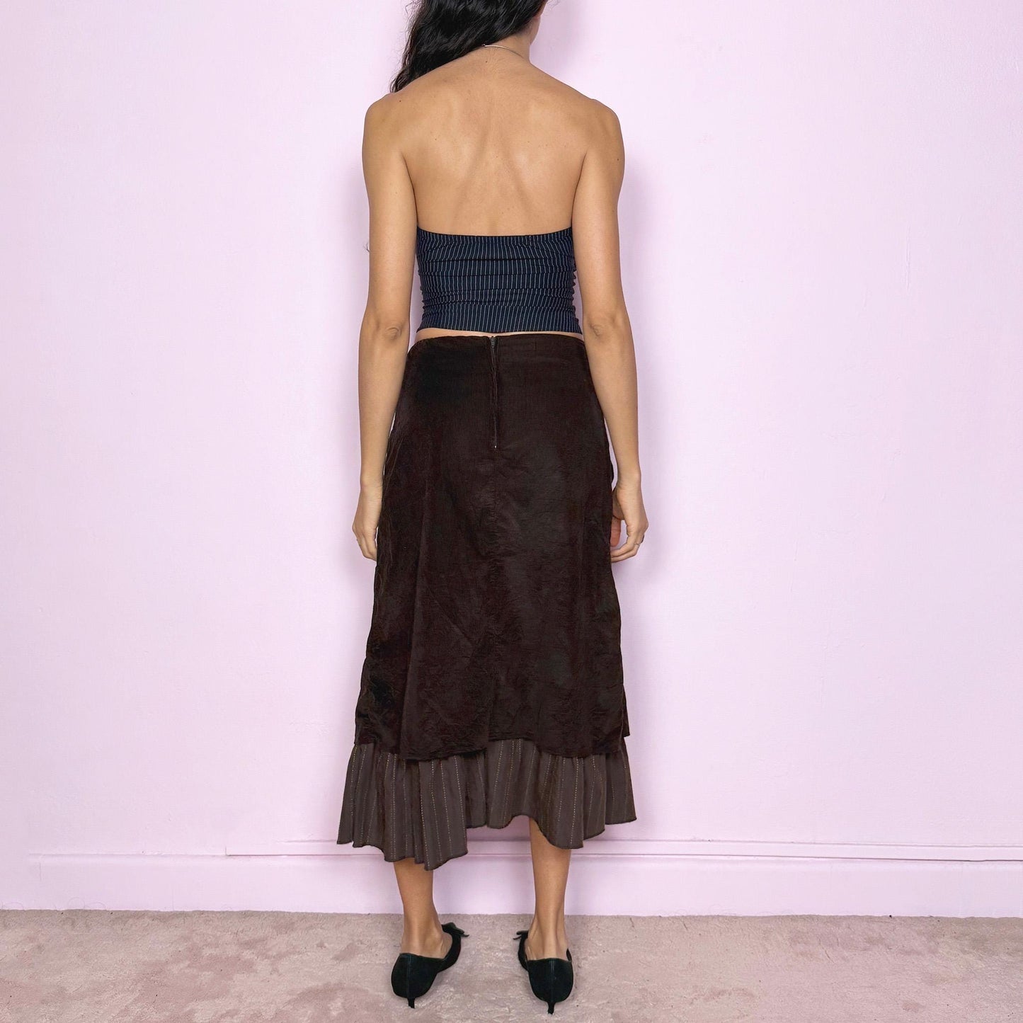Vintage Y2K Brown Skirt, Layered Wrap Ruffle Corduroy Midi 2000s – Size S