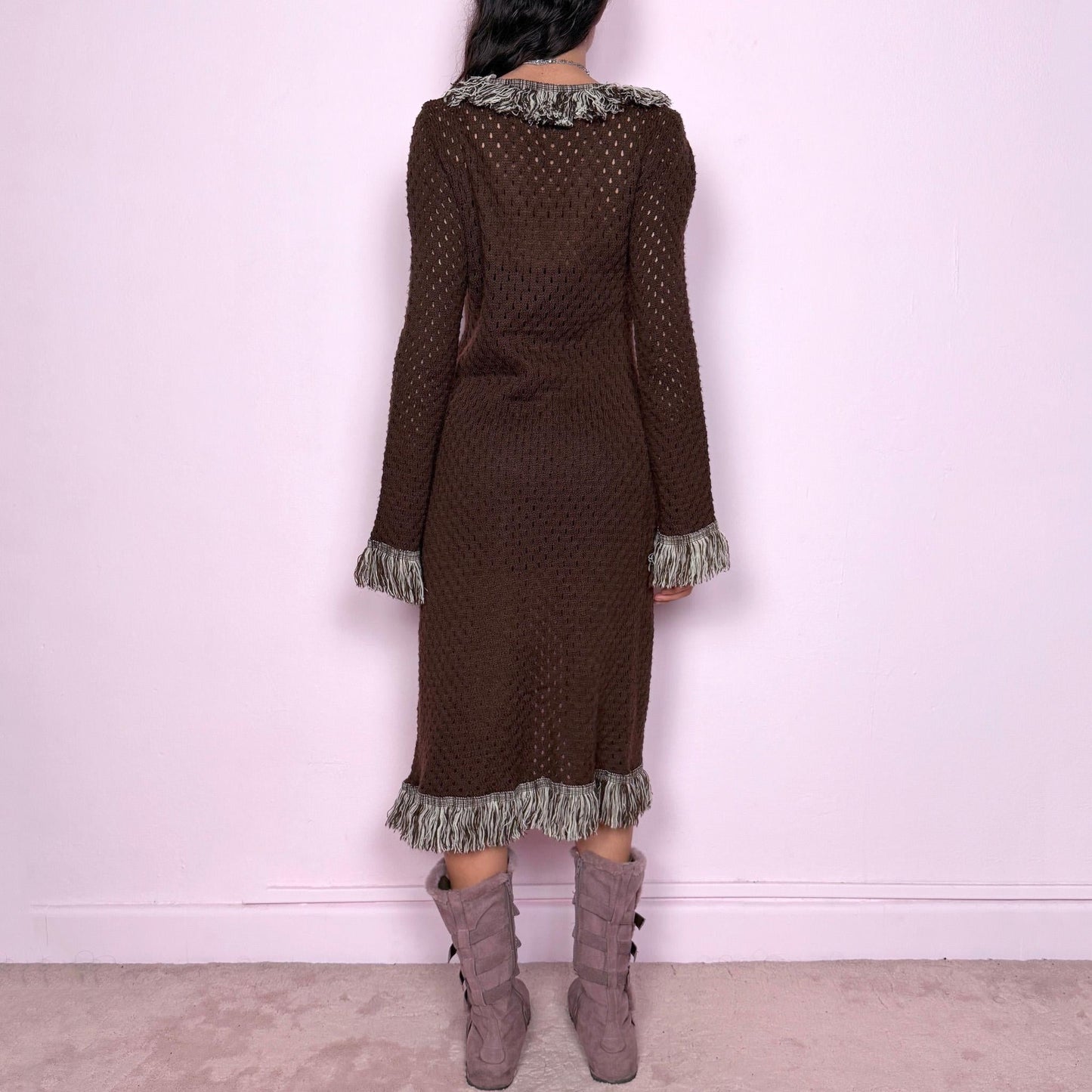 Vintage 90s Brown Cardigan, Penny Lane Tie Front Shaggy Trim Longline – Size S