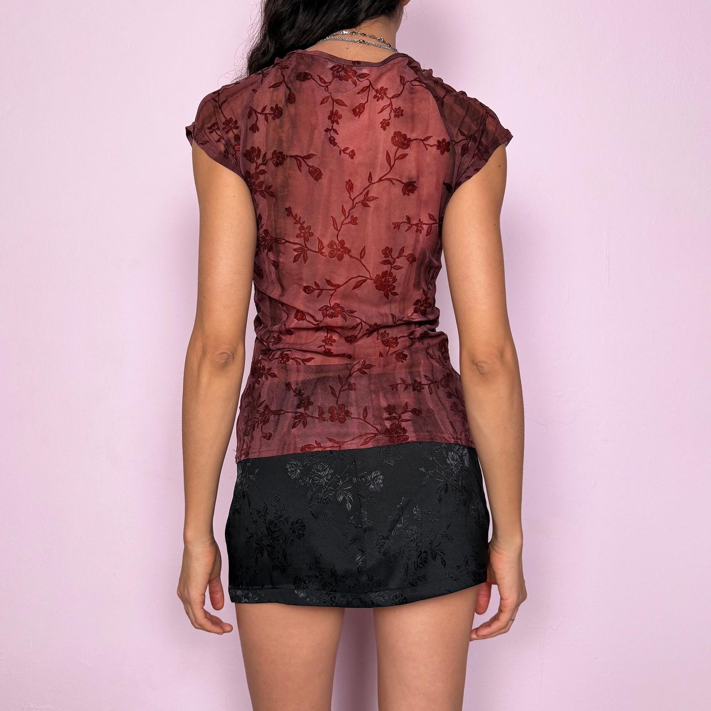 Vintage Y2K Burgundy Top, Devore Burnout Velvet Mesh Wrap 2000s – Size M