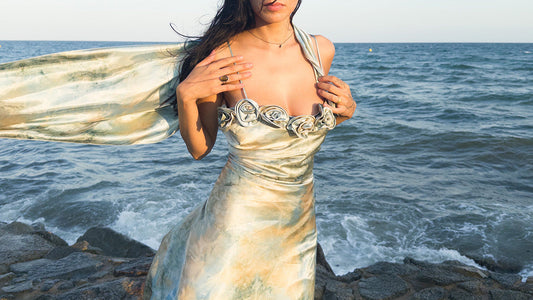 Vintage 90s green iridescent slip dress with rosette appliqué neckline – elegant wedding guest gown by the sea