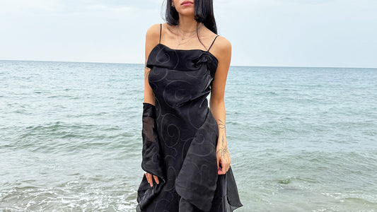 Y2K black layered organza gown with matching scarf – dramatic vintage gala and prom dress