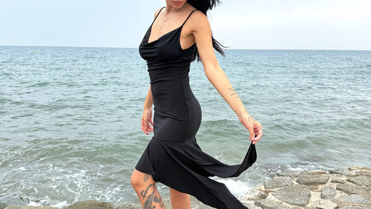 Minimalist vintage black slip dress with draped asymmetrical hem – sleek 2000s eveningwear