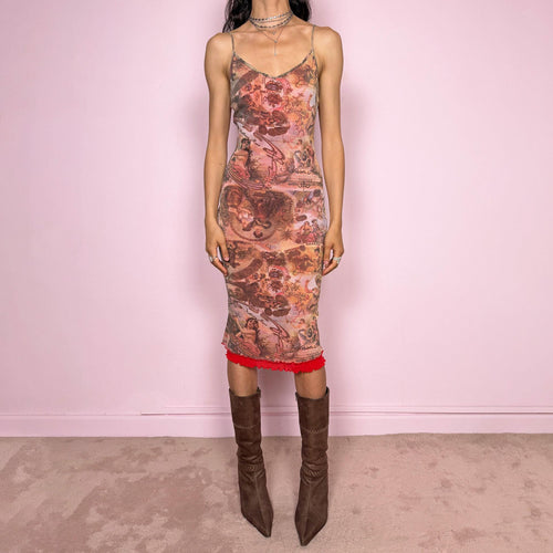 Vintage 2000s avant garde mesh midi dress from Spanish designer Francis Montesinos in his Montesinos Alama era. Body-skimming stretch silhouette with surreal collage print, delicate straps and red mesh underlayer with lettuce hem detail. Rare Spanish design archive statement piece with bold artistic energy. Excellent vintage condition.
