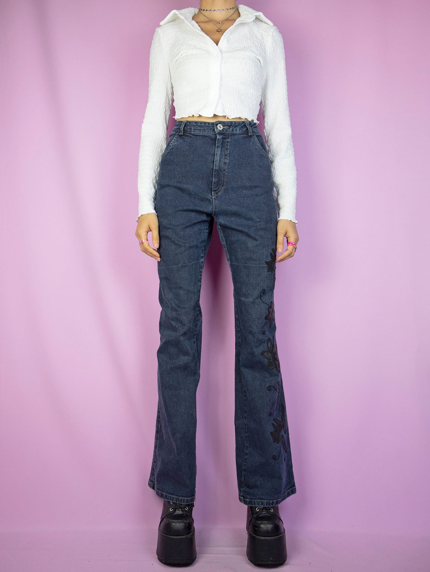 Vintage Y2K Floral Appliqué Flare Jeans - XL