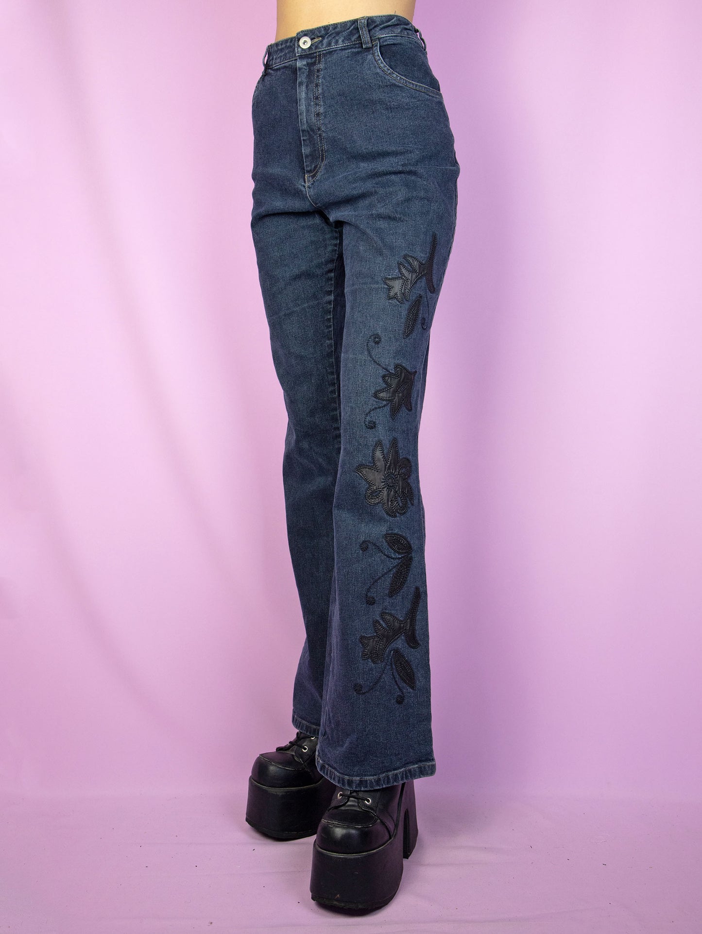 Vintage Y2K Floral Appliqué Flare Jeans - XL