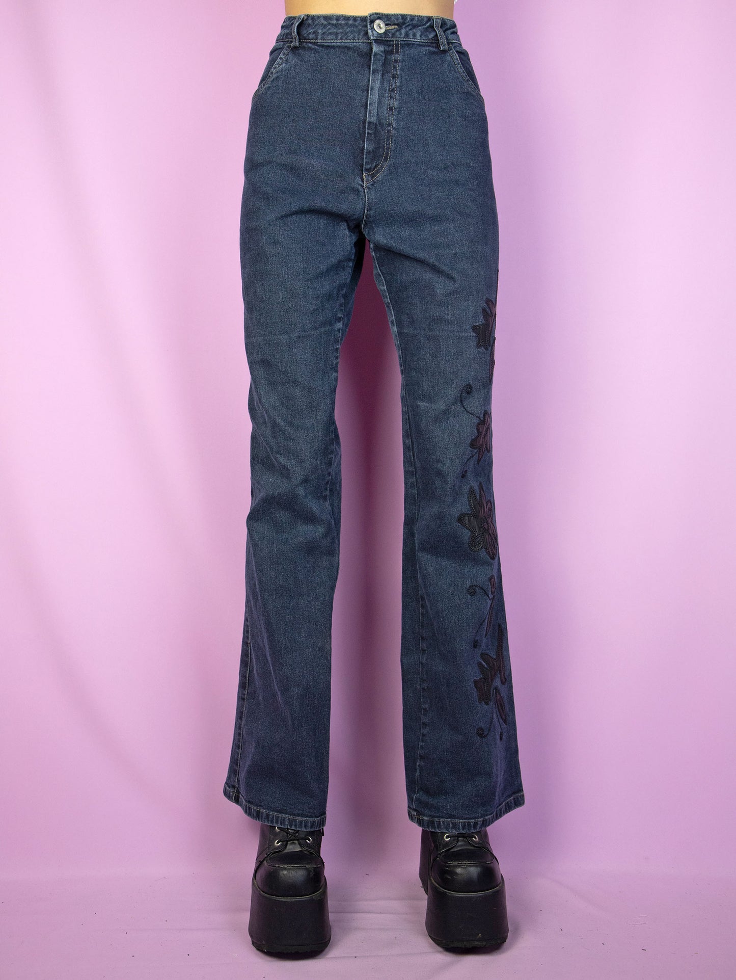 Vintage Y2K Floral Appliqué Flare Jeans - XL