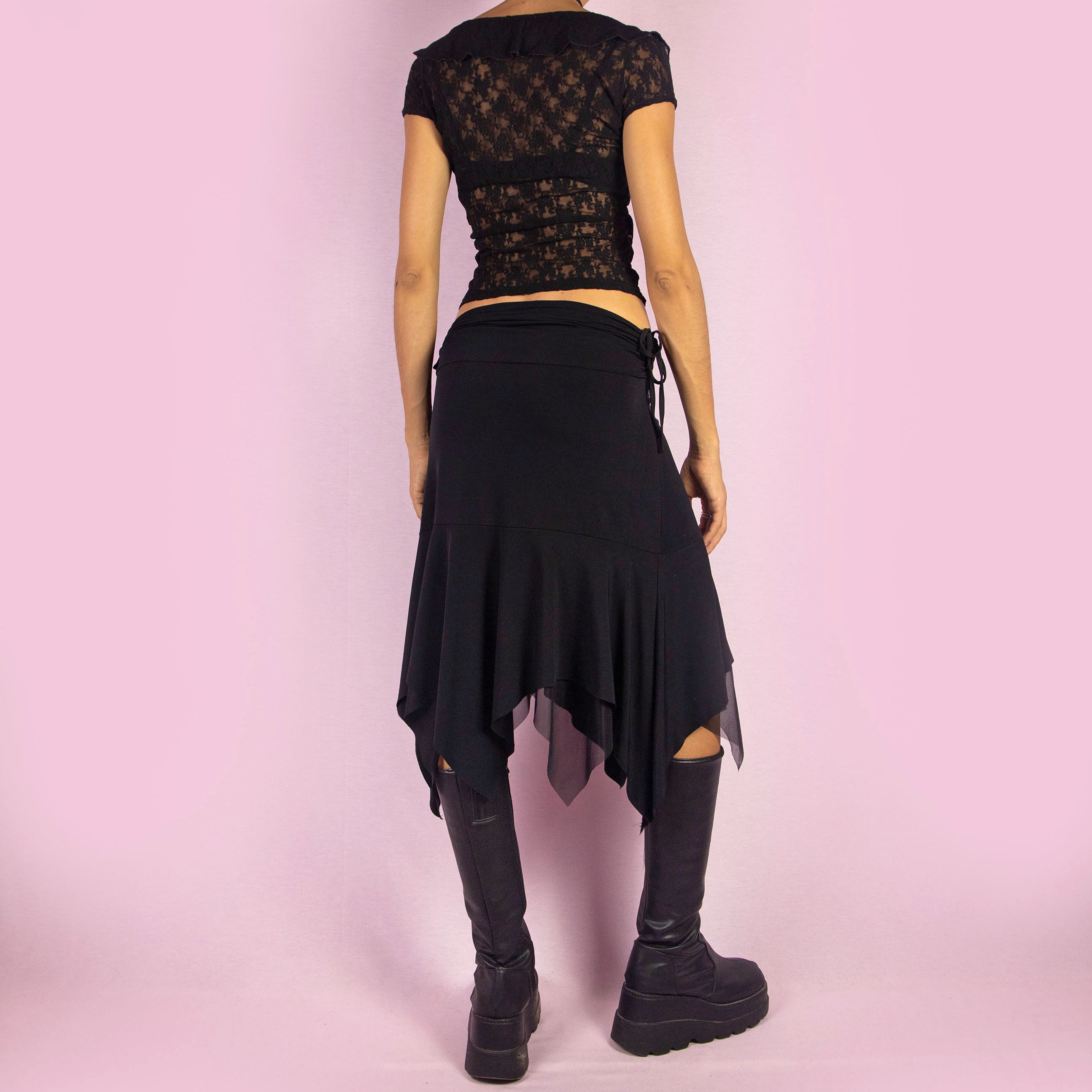 Vintage Black Layered Asymmetric Mesh Midi Skirt (S)