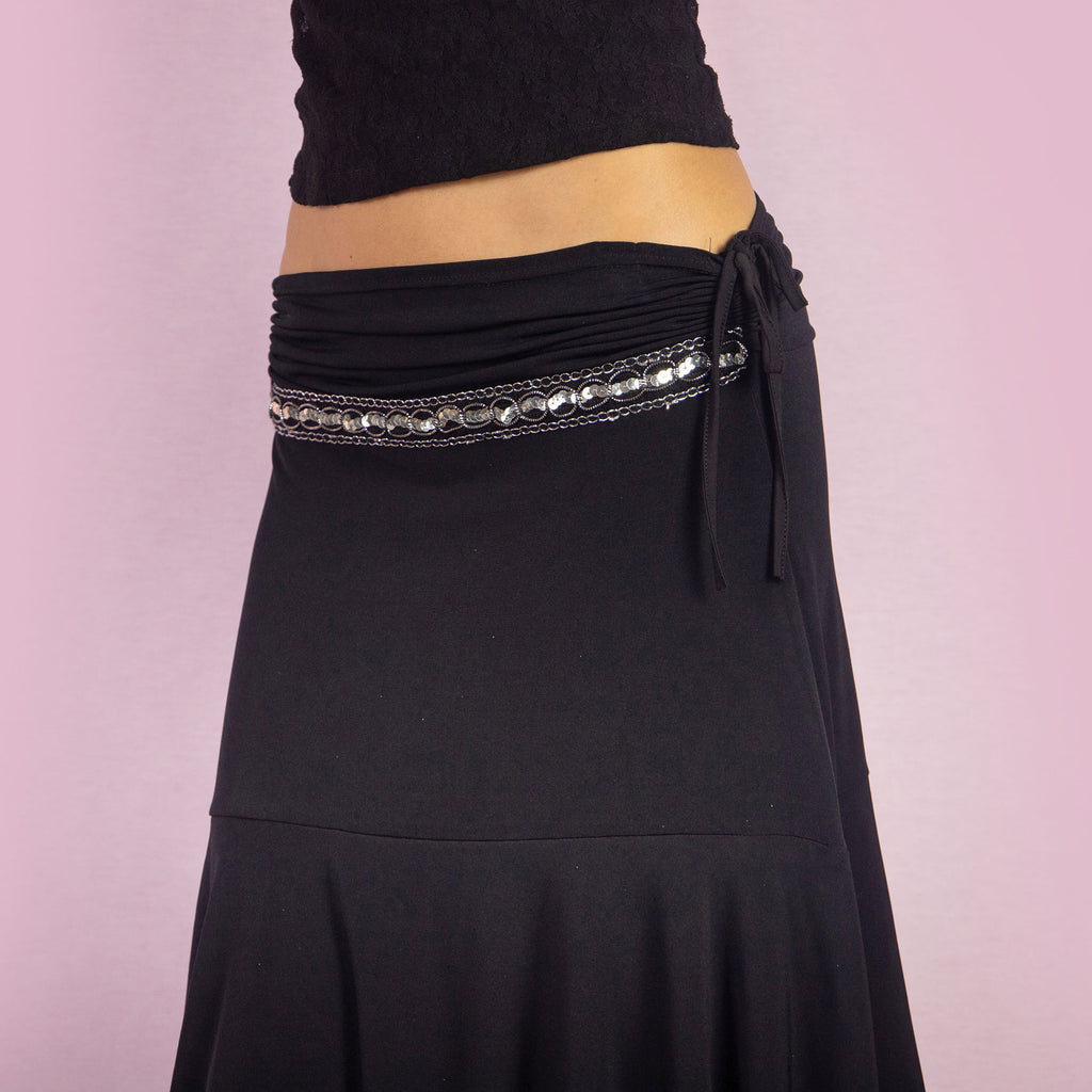 Vintage Black Layered Asymmetric Mesh Midi Skirt (S)