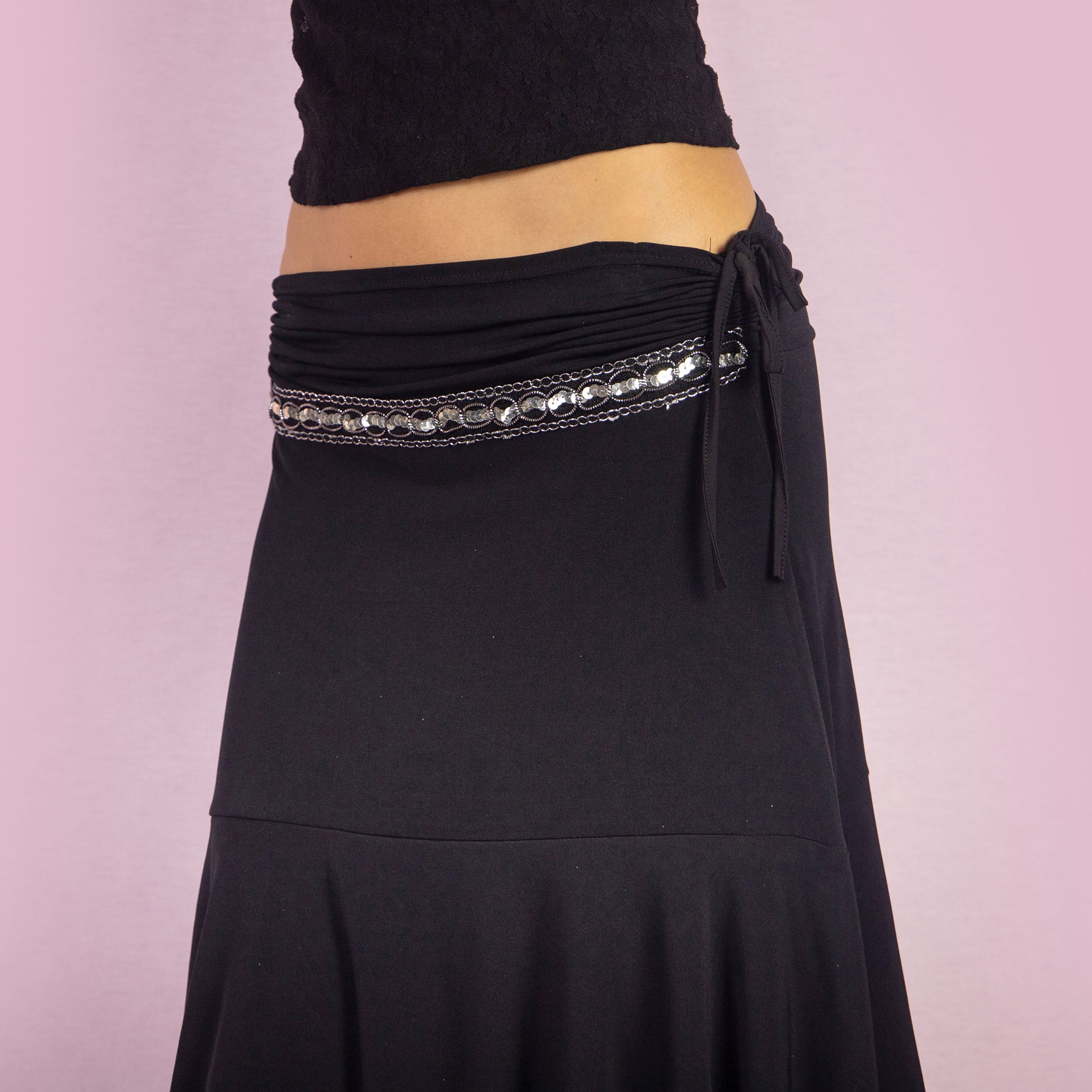 Vintage Black Layered Asymmetric Mesh Midi Skirt (S)