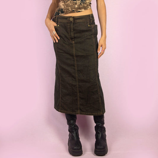 Vintage Y2K Dark Denim Flare Midi Skirt - Size L