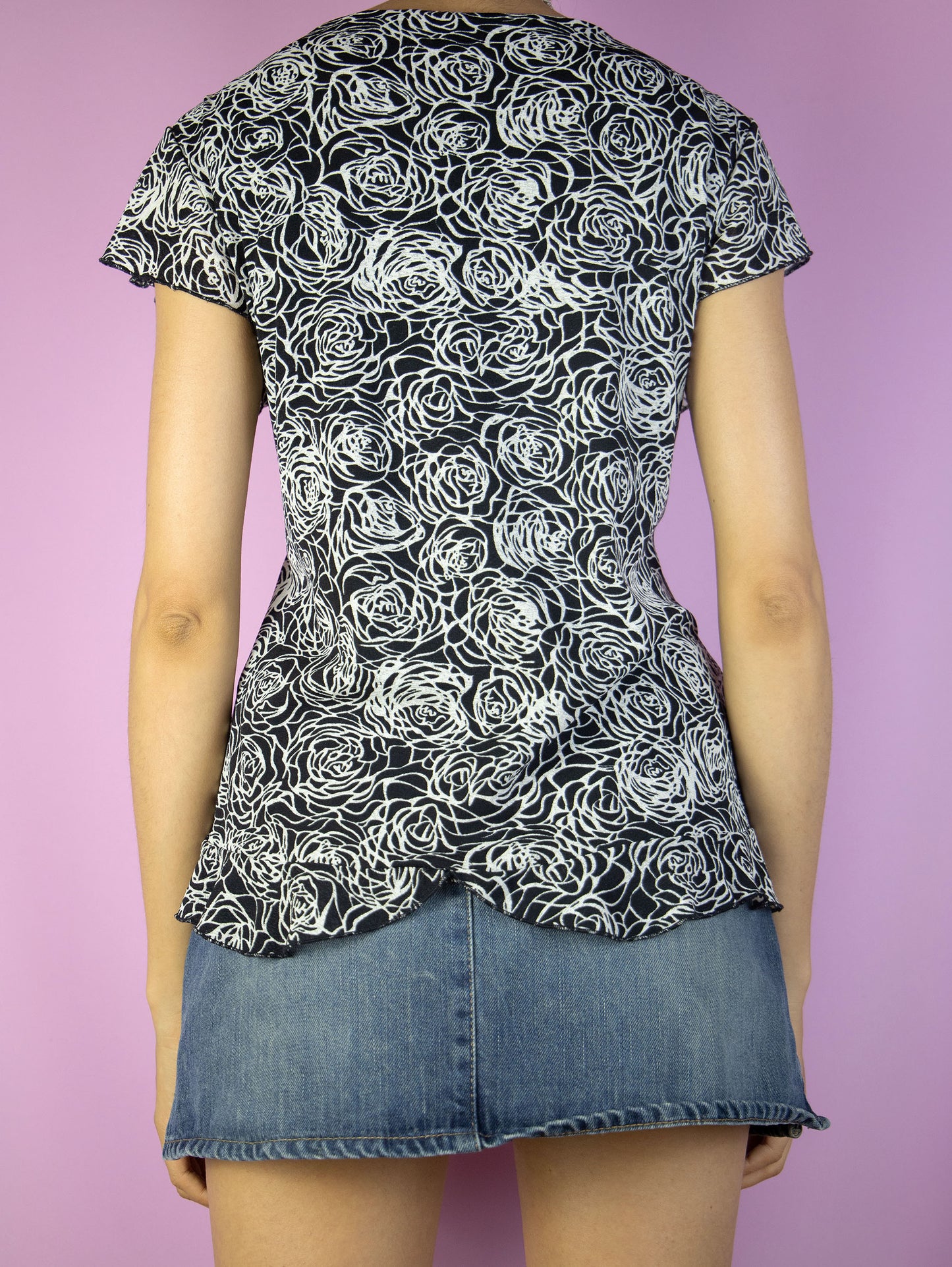 Y2K Black Flower Mesh Top - XL