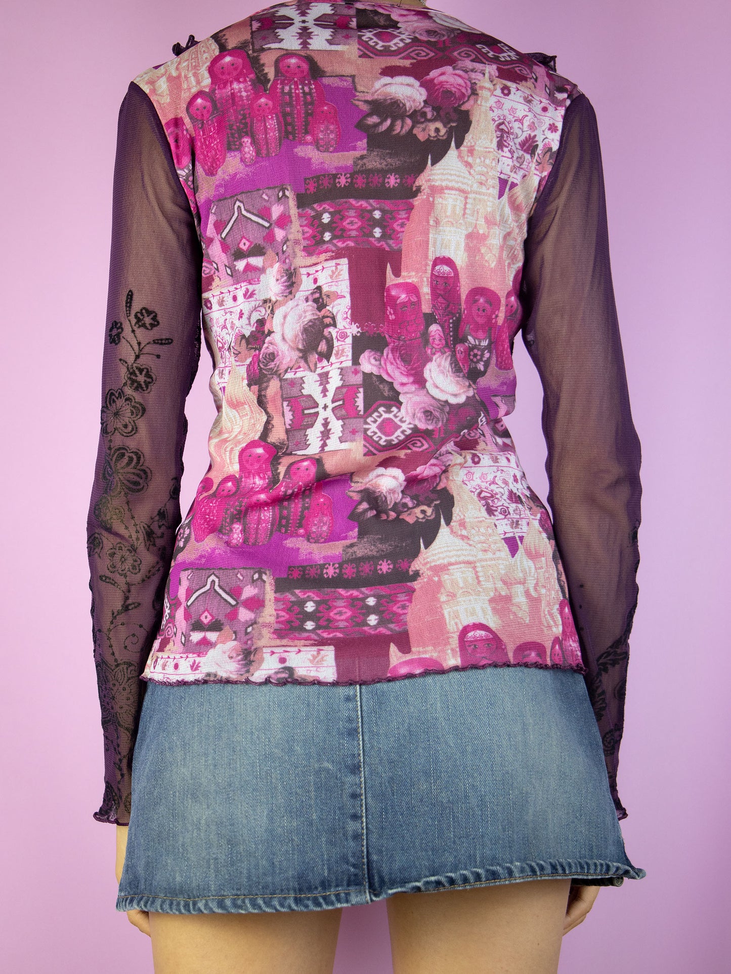 Y2K Purple Graphic Mesh Top - L